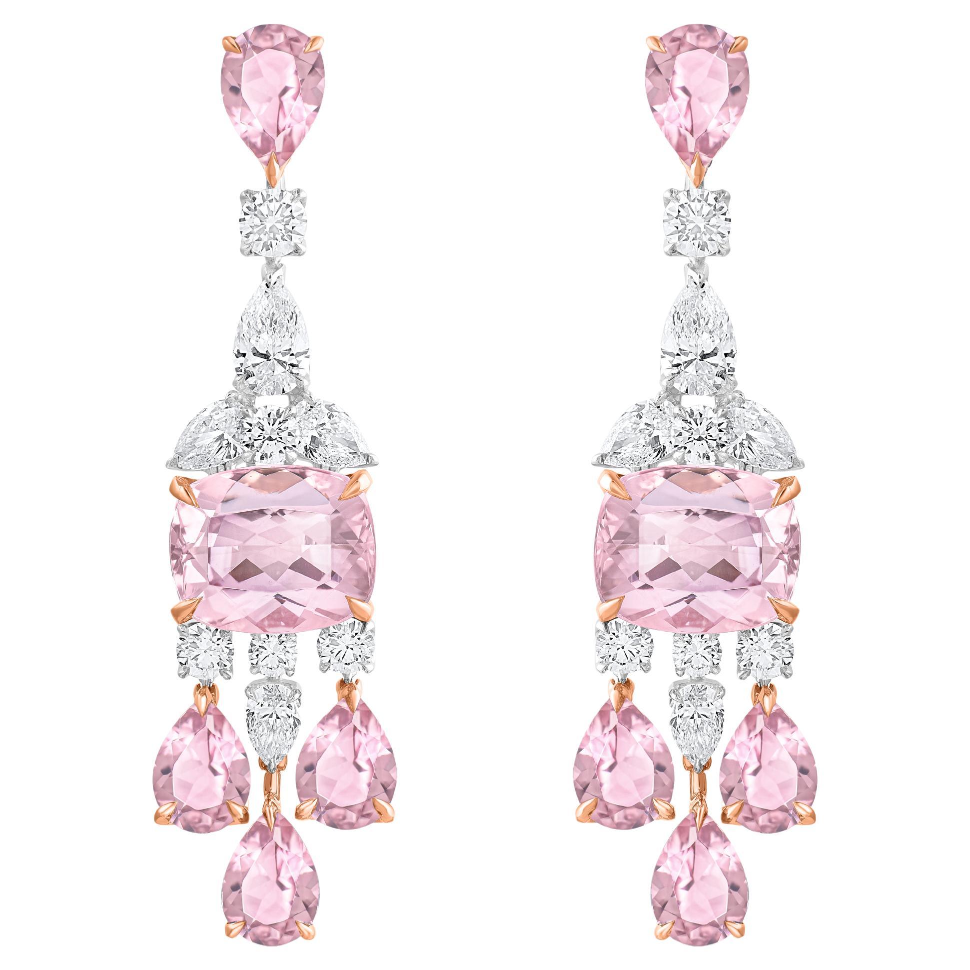 HARAKH 4 1/4 CT Colorless Diamond, Morganite & Pink Tourmaline Raindrop Earrings For Sale