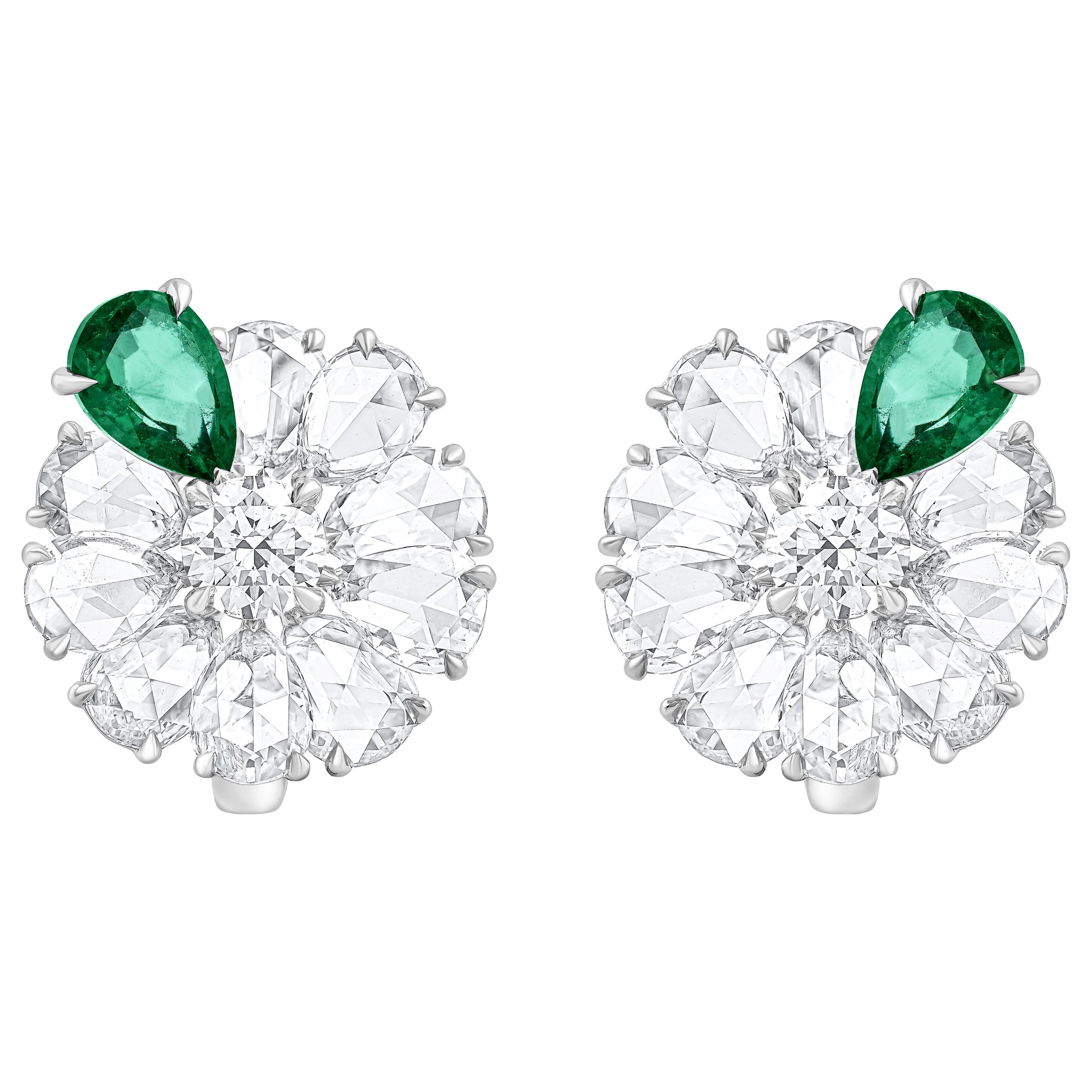 HARAKH Pendientes de Diamante Natural Incoloro de 4 Toneladas y Racimo de Esmeraldas en venta