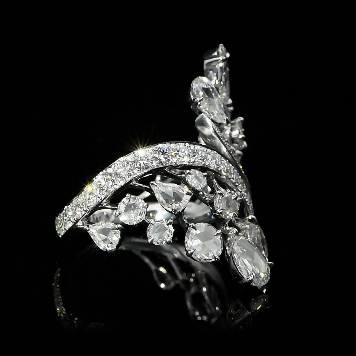 Contemporary Harakh 4.20 Carat Brilliant and Rose Cut Colorless Diamond 18 KT Cocktail Ring
