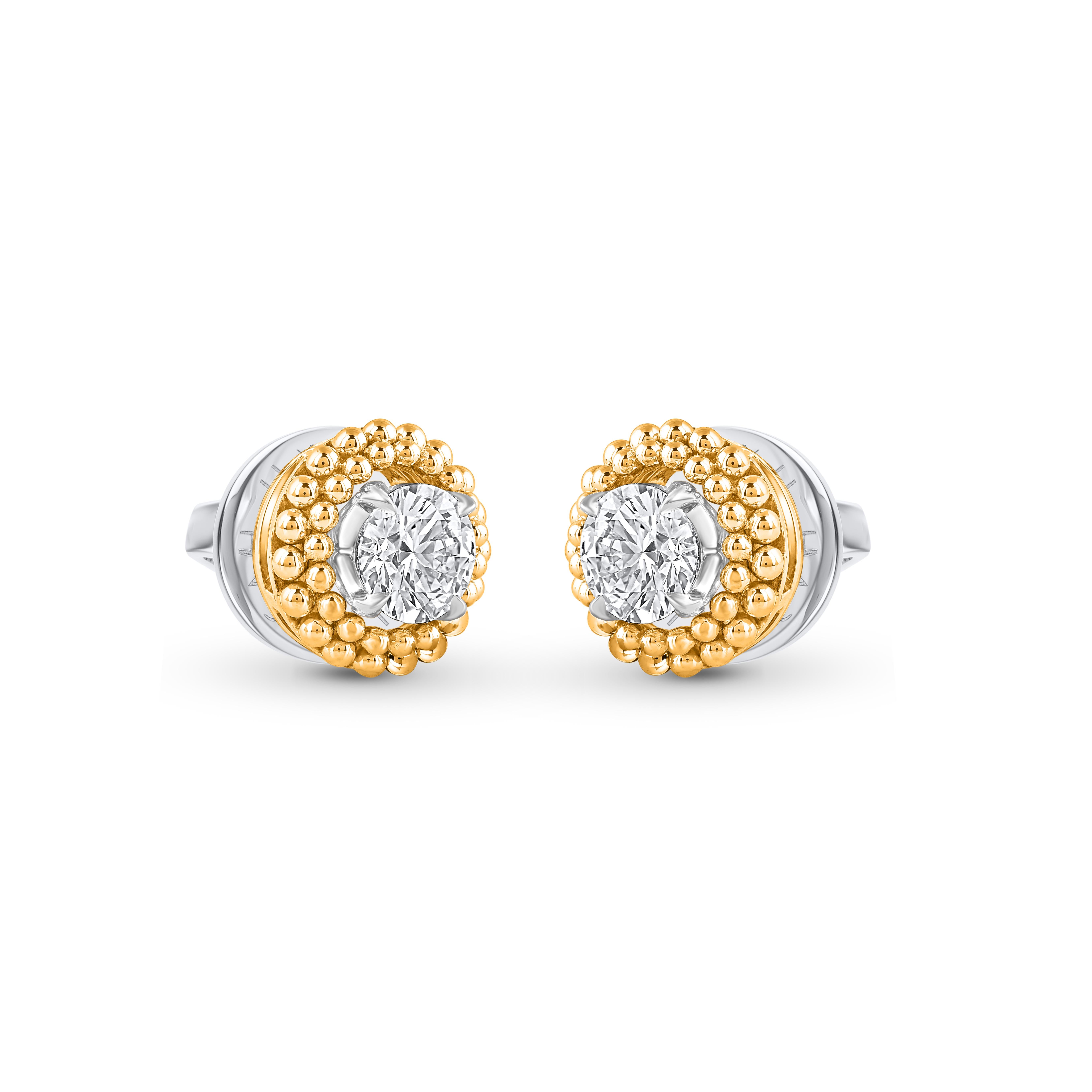 Inspired by the Journey of the sun’s rays traveling through space and time to brighten our world Brilliant cut round diamonds are set in 18kt gold. An artisanal form of embroidery known as pota is recreated especially for gold using delicate hand