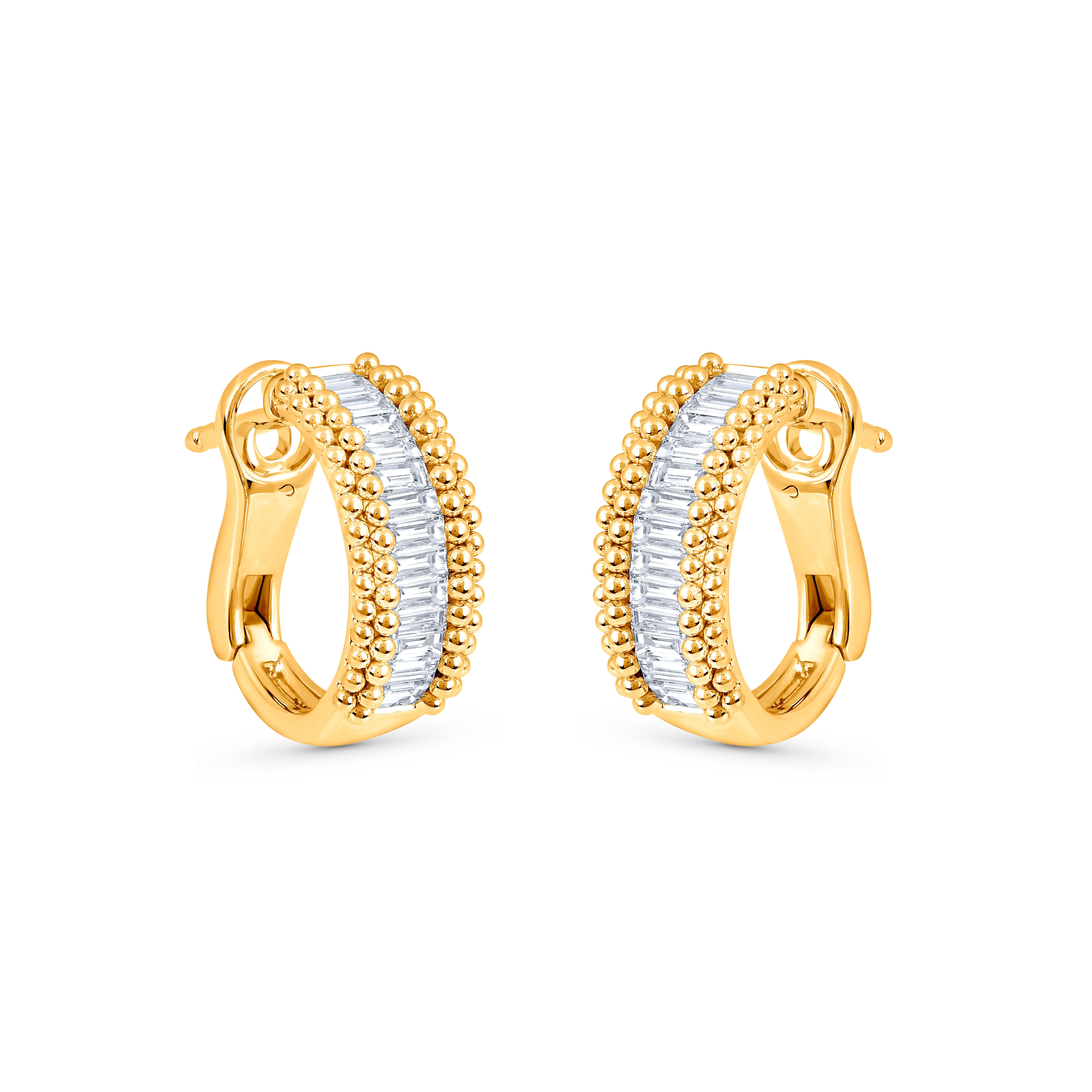Studded with 28 baguette diamonds, these earrings are made by selectively skilled artisans. HARAKH proudly supports these local artisans and is pleased to present this in modern, discerning designs. Diamonds are graded as F Color and VS2