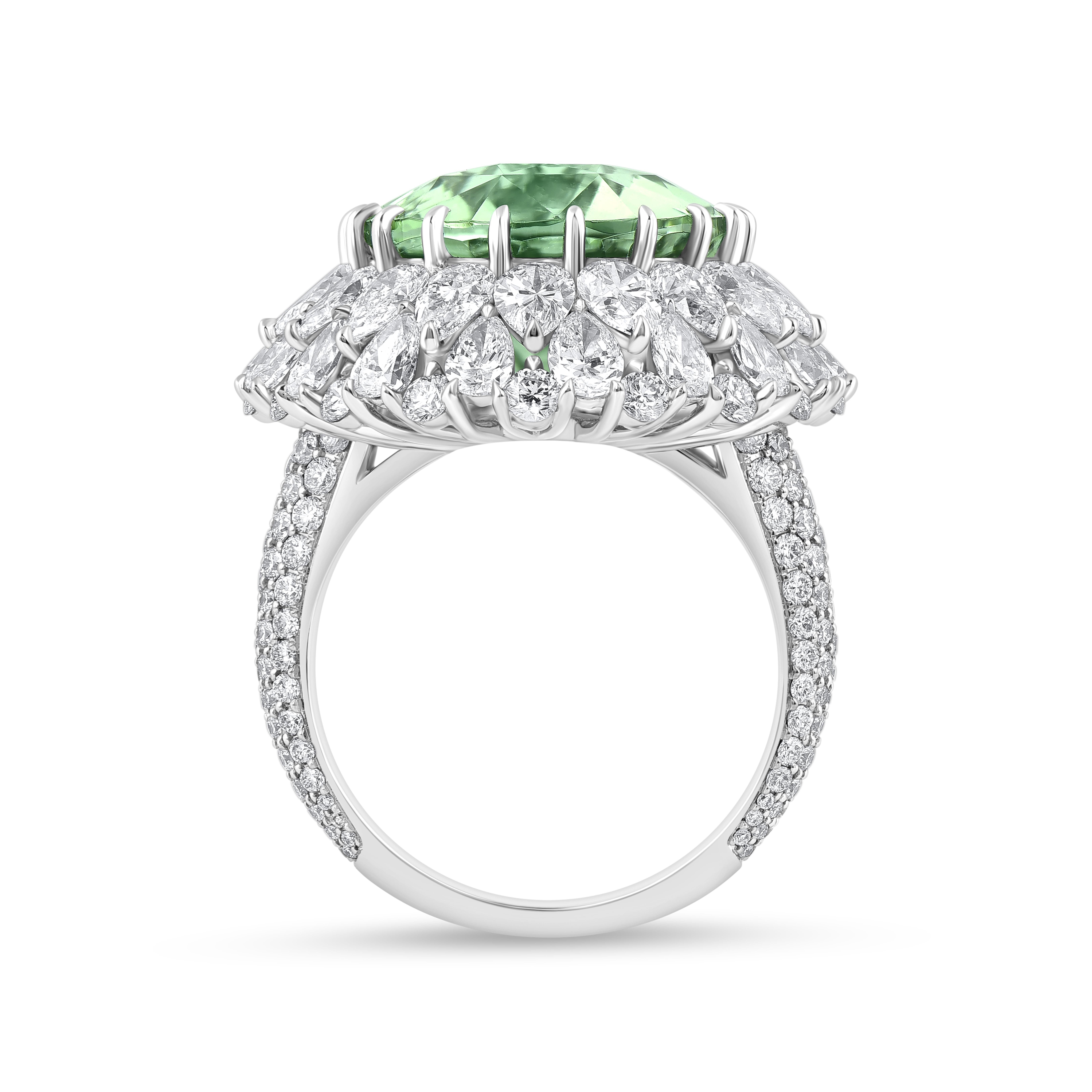 Un'ipnotica sinfonia di diamanti taglio brillante e rosa forma questo squisito anello della Collection'S. Cascade. Eleganza con tormalina verde e diamanti, tra cui diamanti rotondi, a pera, rotondi con taglio a rosa e a pera con taglio a rosa, ogni