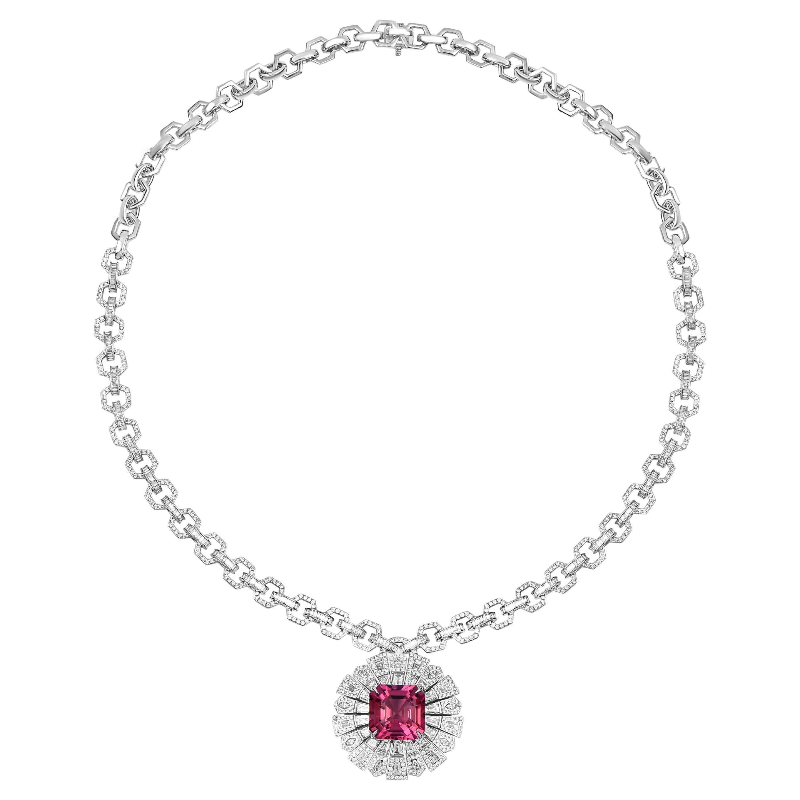 HARAKH 7 7/8 CT Colorless Diamond and Ruby Jaipur Mystery Sunlight Necklace For Sale