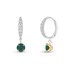 HARAKH 7/8 Carat Colorless Diamond & Emerald Raindrop 18KT Gold Huggie Earrings