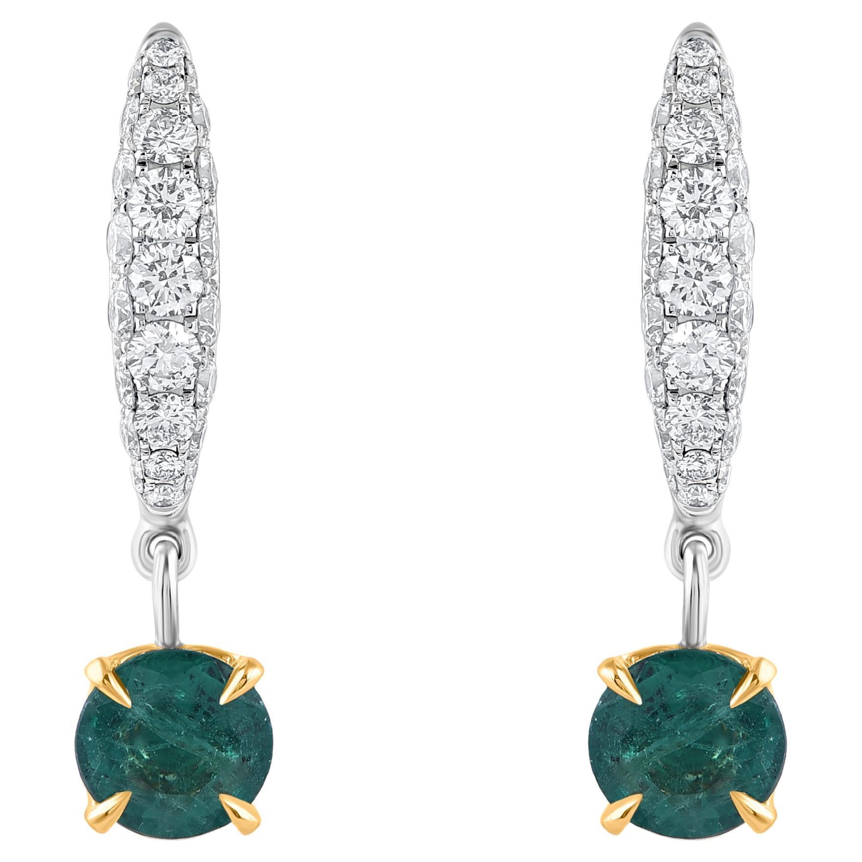 HARAKH 7/8 Carat Colorless Diamond & Emerald Raindrop 18KT Gold Huggie Earrings
