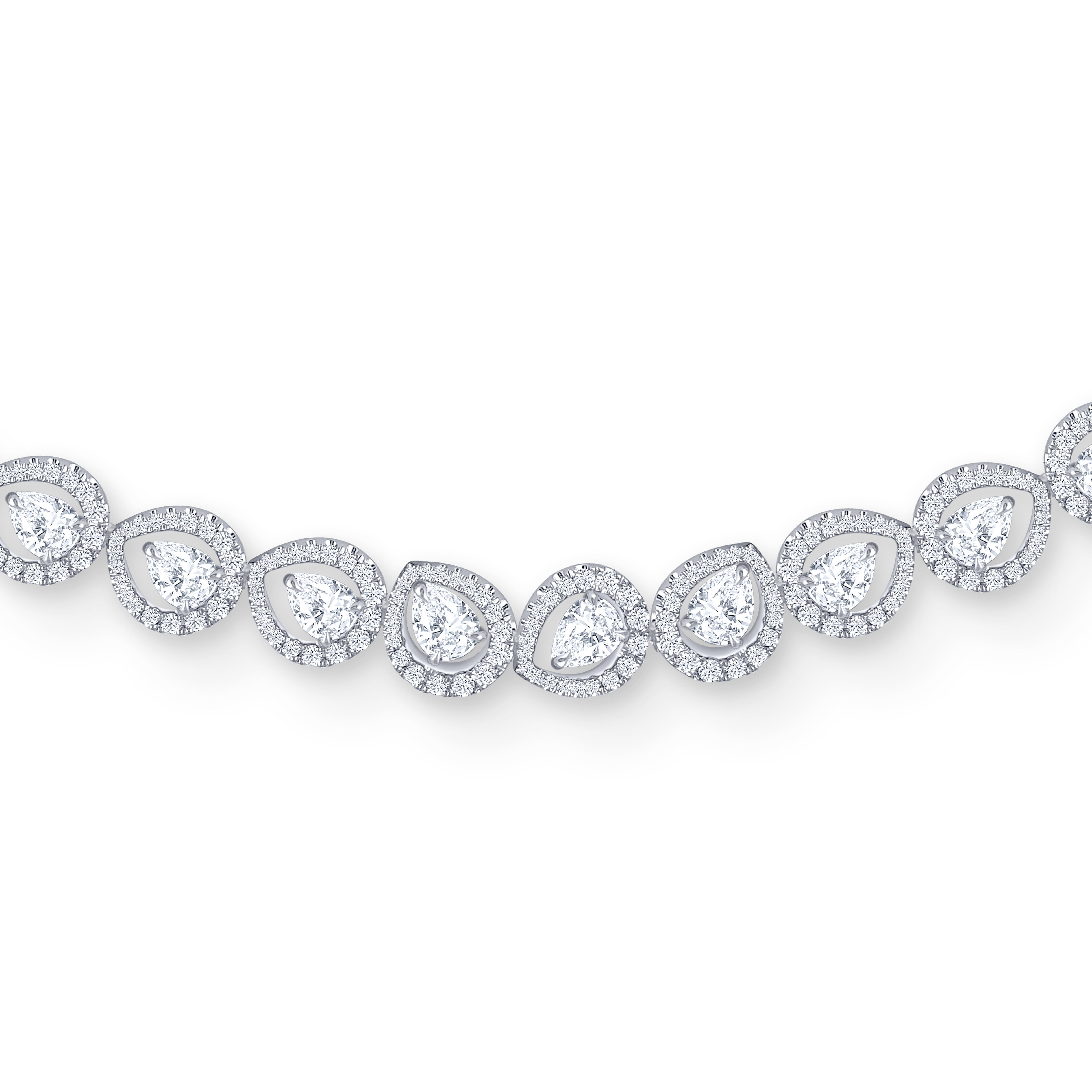 This handmade necklace is beautifully studded with a total 1066 D-F color and IF clarity natural diamonds. 1008 round and and 58 pear diamonds. This piece will be accompanied by a HARAKH certificate of authenticity and a Reflection card.

Each of