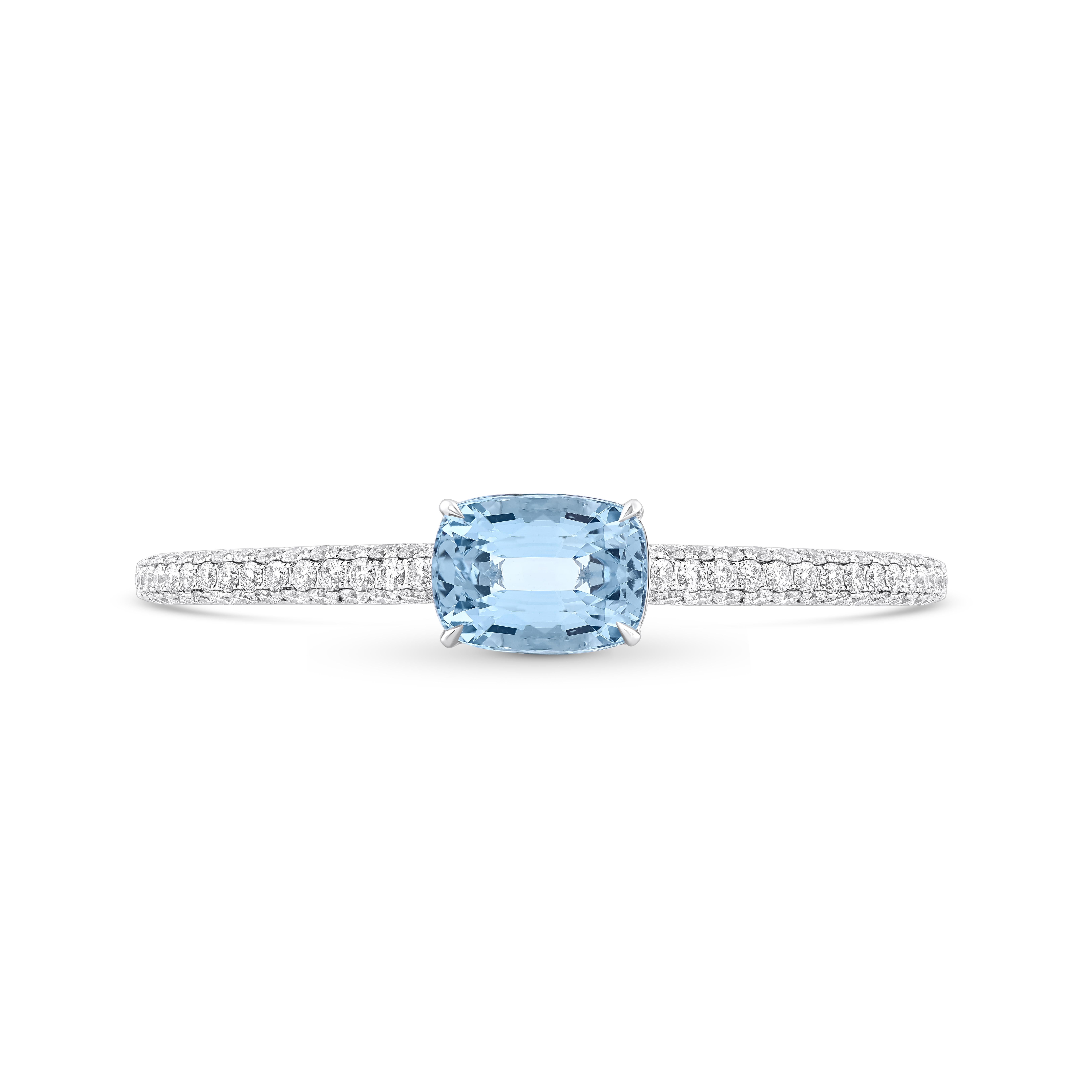 From the HARAKH Raindrop Collection, this exquisite bangle is crafted in 18KT white gold and features a total of 8 1/3 carats of brilliant-cut F color, VS2 clarity colorless diamonds paired with serene aquamarine gemstones. Inspired by the graceful