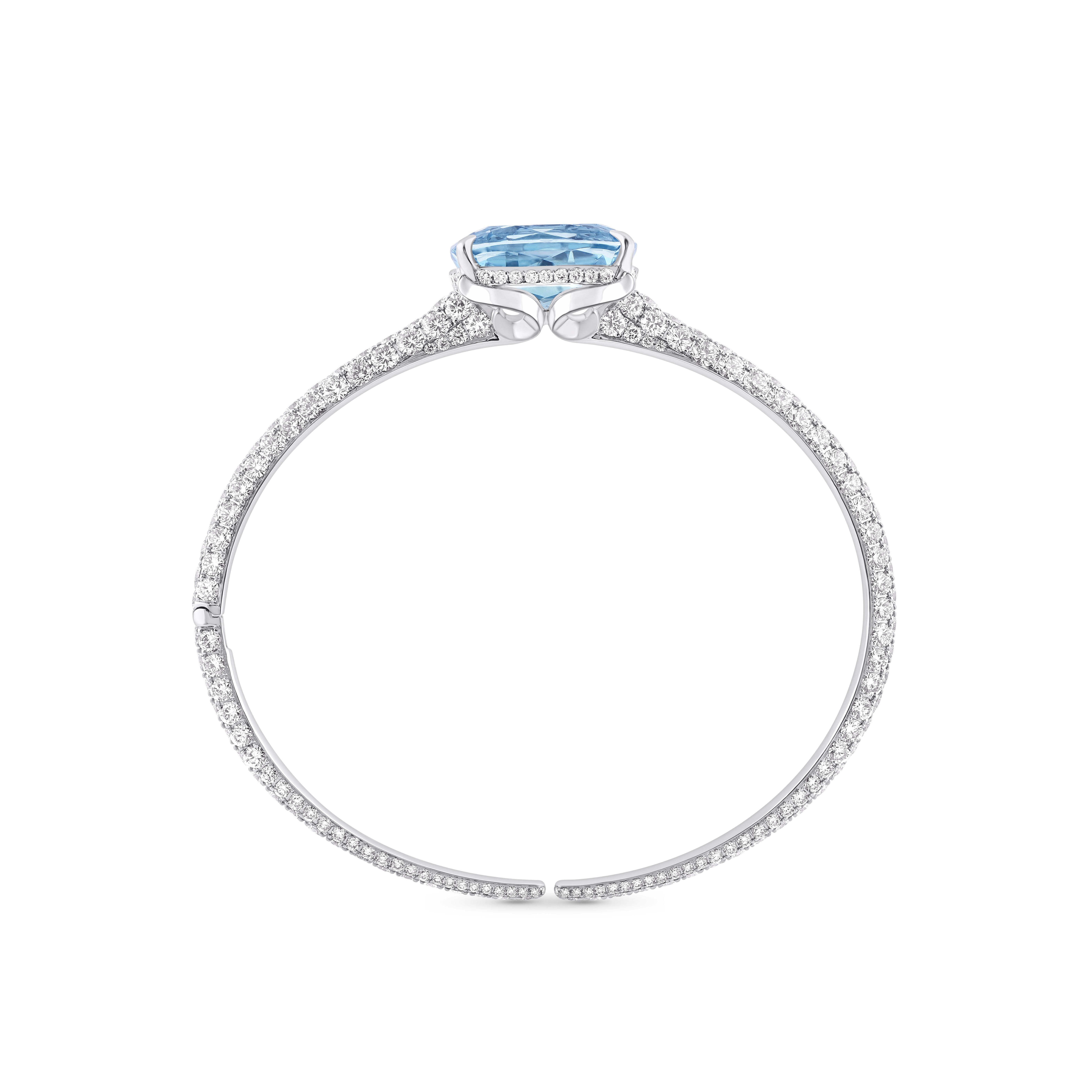Brilliant Cut HARAKH 8 1/3 Carat Colorless Diamond and Aquamarine Bangle in 18KT White Gold For Sale