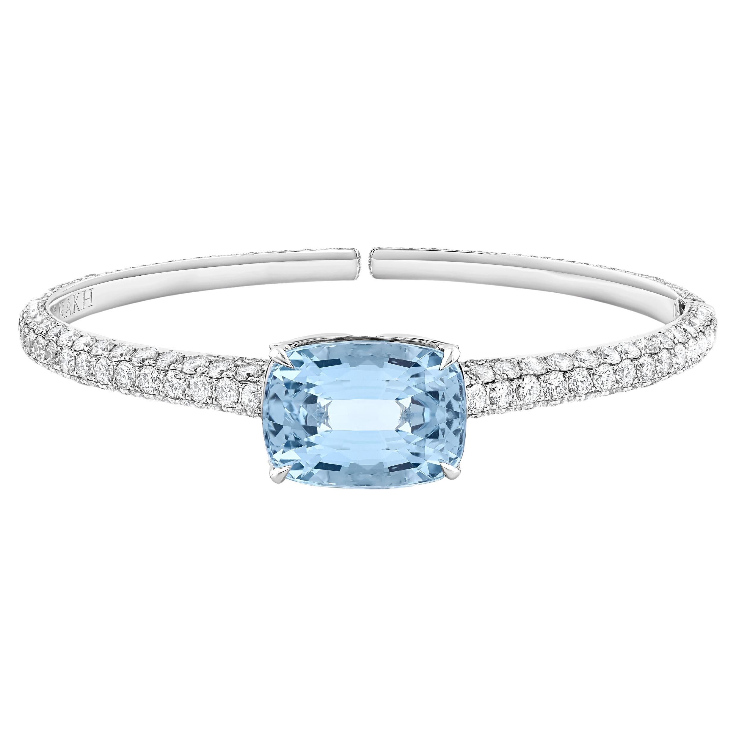 HARAKH 8 1/3 Carat Colorless Diamond and Aquamarine Bangle in 18KT White Gold For Sale
