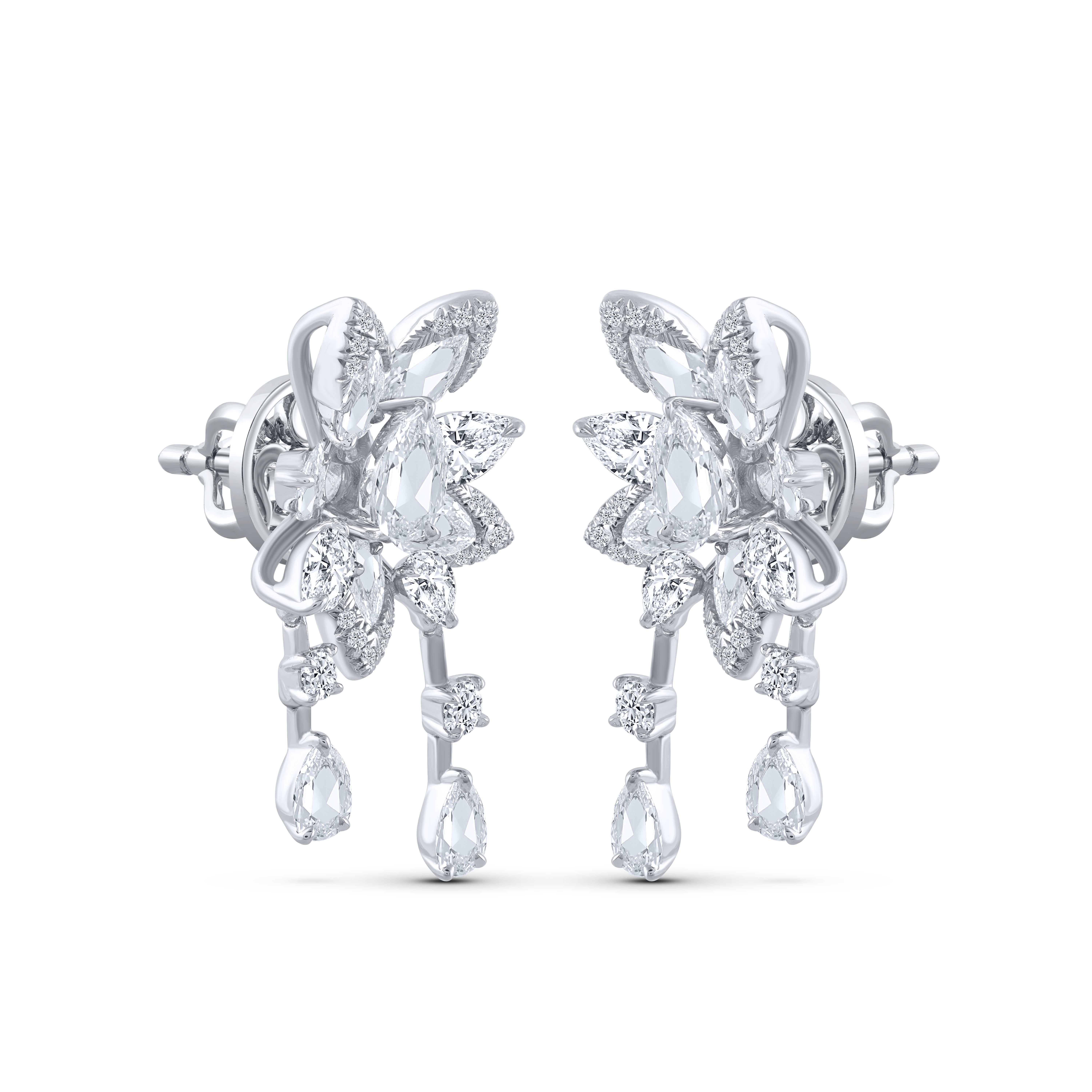 Modern Harakh Colorless Diamond 2.50 Carat Dangling Drop Earrings in 18 KT White Gold For Sale