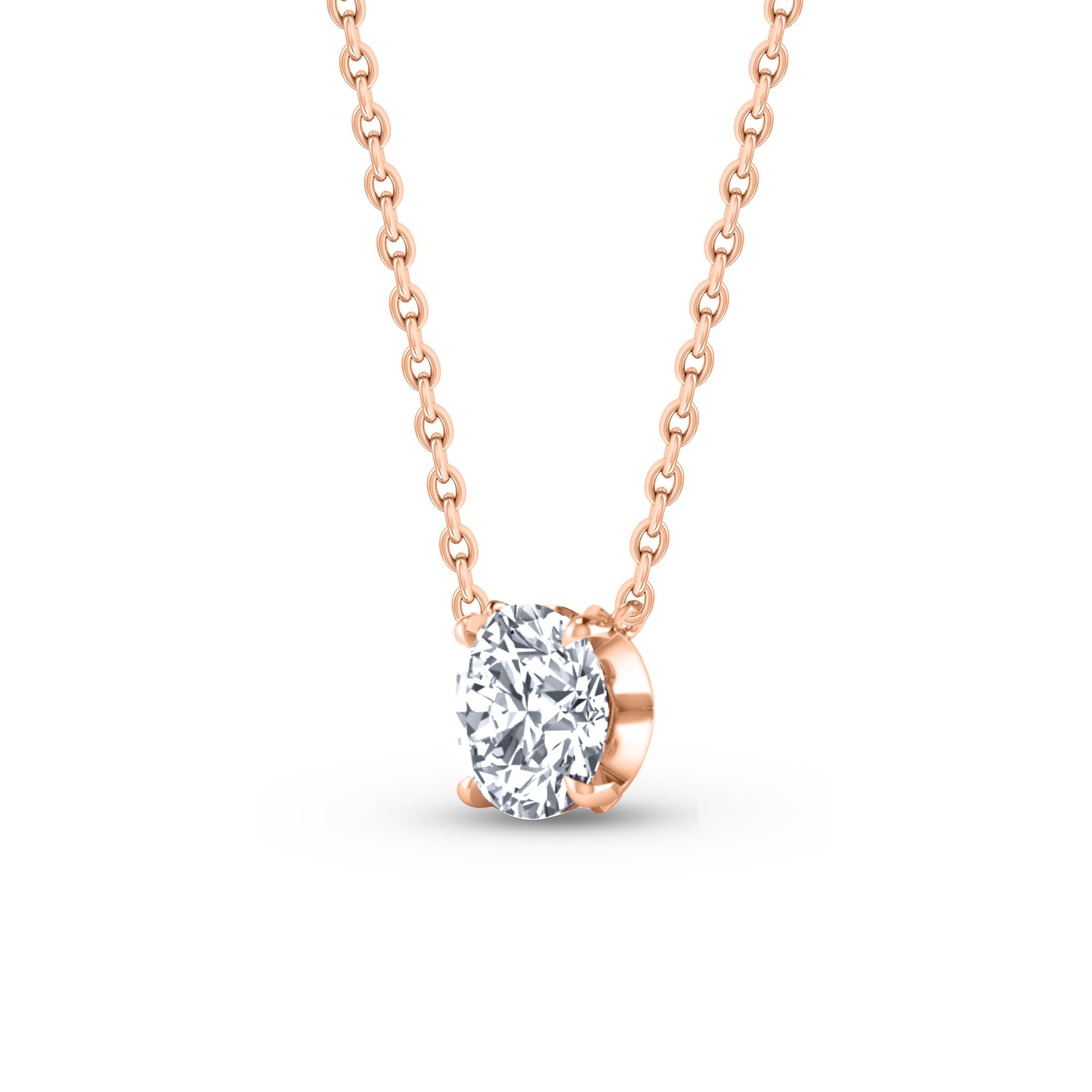  This solitaire diamond necklace features a single, brilliant-cut 0.26 carat diamond in prong setting in 18 KT rose gold. This elegant necklace includes 20-inch cable chain with extender at 18-inch. This classic necklace will be accompanied with a