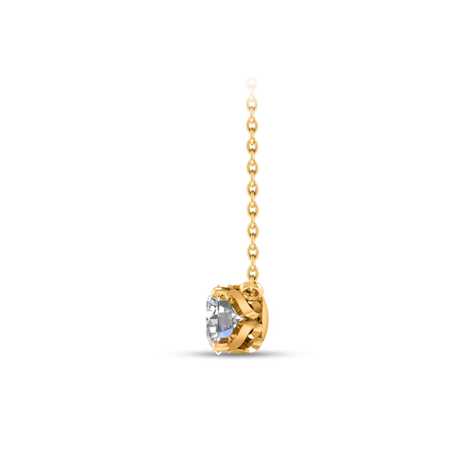  This solitaire diamond necklace features a single, brilliant-cut 0.26 carat diamond in prong setting in 18 KT yellow gold. This elegant necklace includes 20-inch cable chain with extender at 18-inch. This classic necklace will be accompanied with a