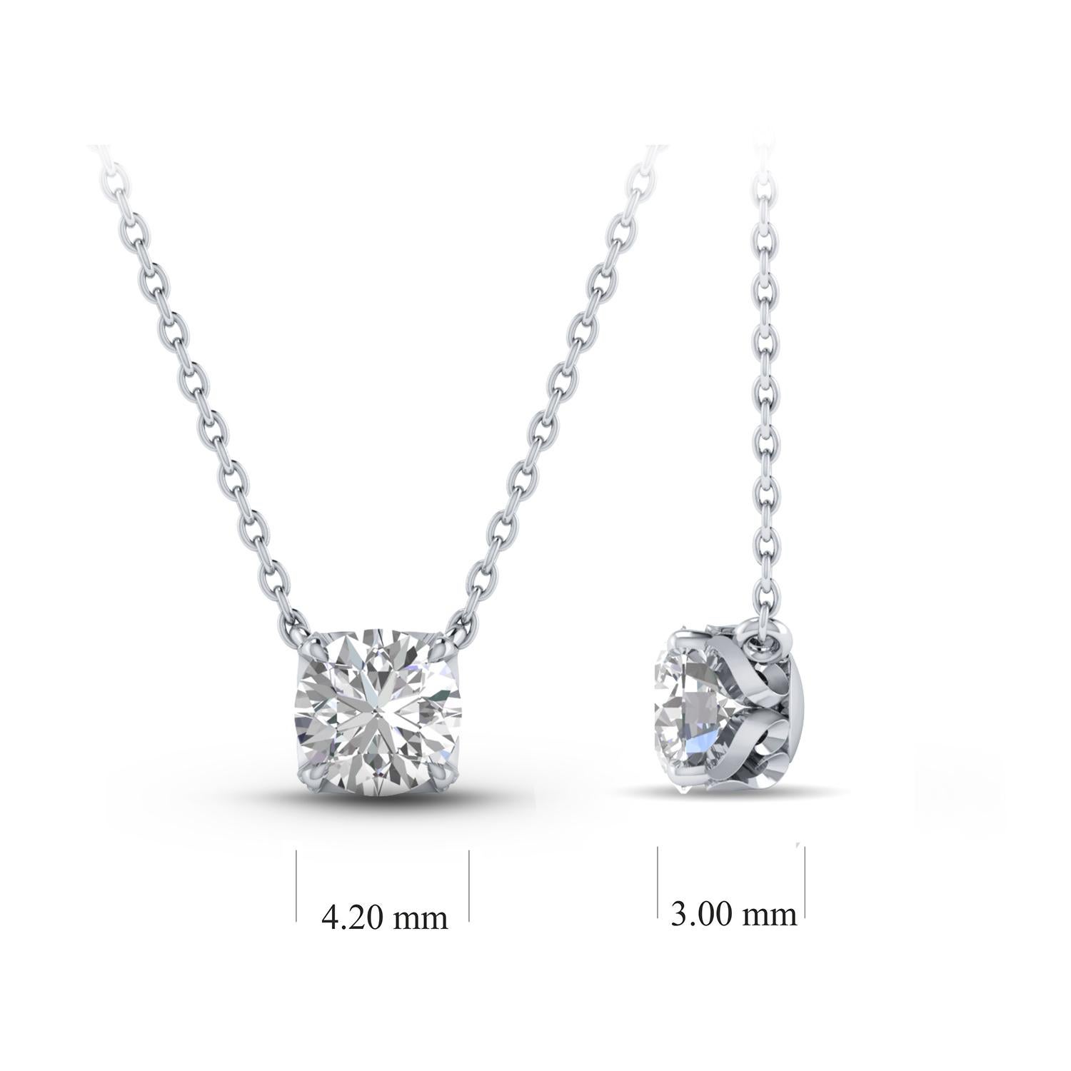  This solitaire diamond necklace features a single, brilliant-cut 0.27 carat diamond in prong setting in 18 KT white gold. This elegant necklace 20-inch cable chain with extender at 18-inch. This classic necklace will be accompanied with a HARAKH
