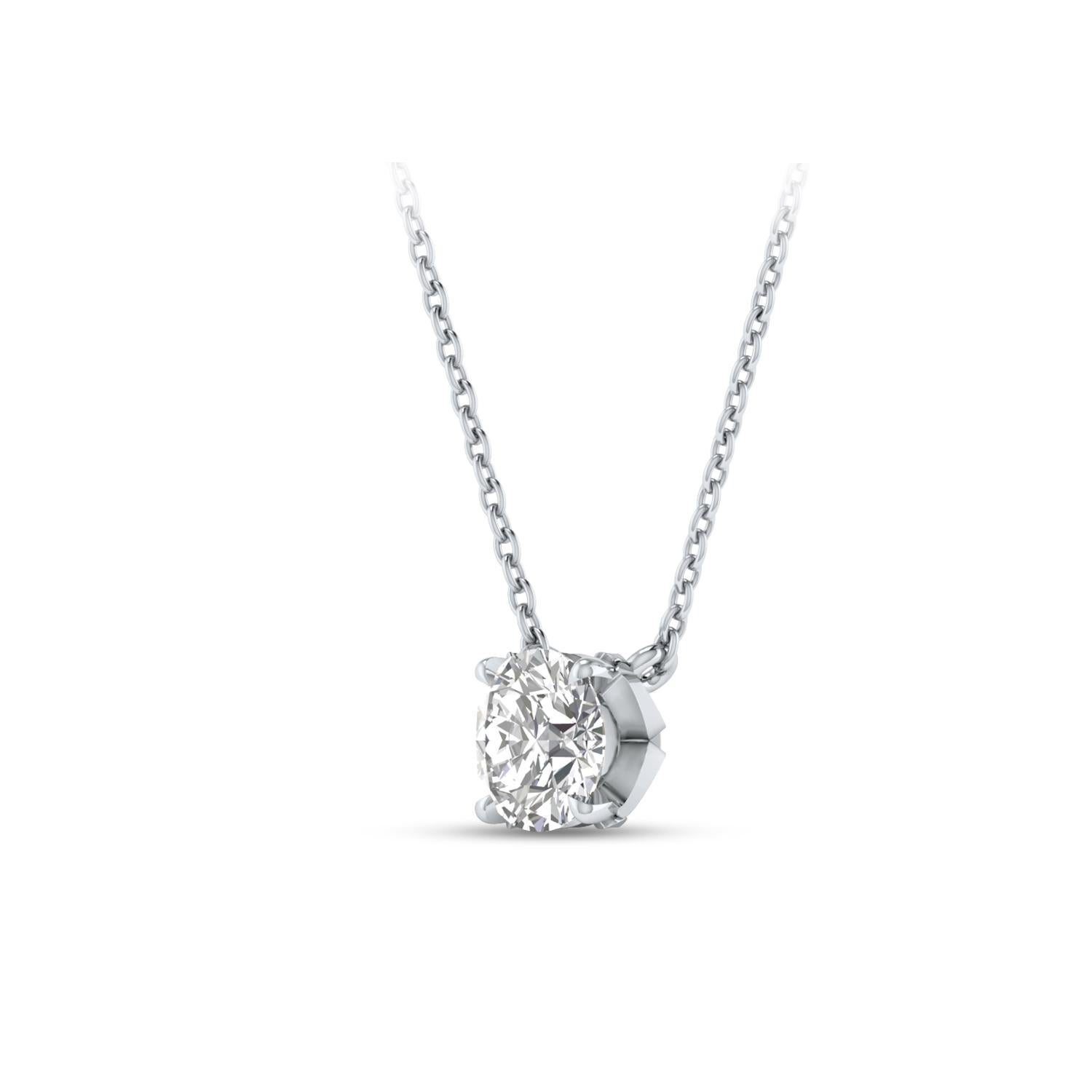 This solitaire diamond necklace features a single, brilliant-cut 0.33 carat diamond in prong setting crafted in 18 KT white gold. This elegant necklace includes 120-inch cable chain with extender at 18-inch.  

(Carat weights may vary slightly due