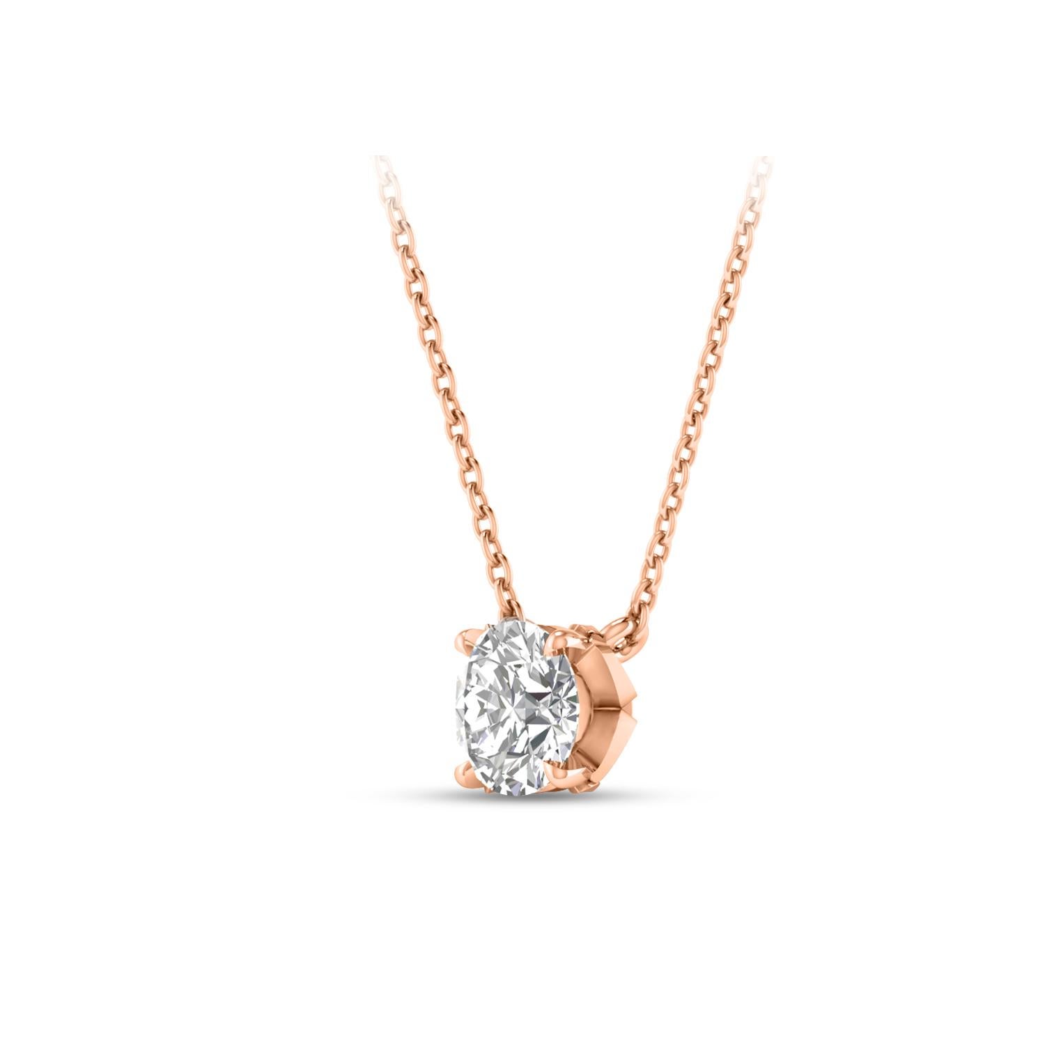 This solitaire diamond necklace features a single, brilliant-cut 0.33 carat diamond in prong setting crafted in 18 KT rose gold. This elegant necklace includes a 20-inch cable chain with extender at 18-inch.  

(Carat weights may vary slightly due
