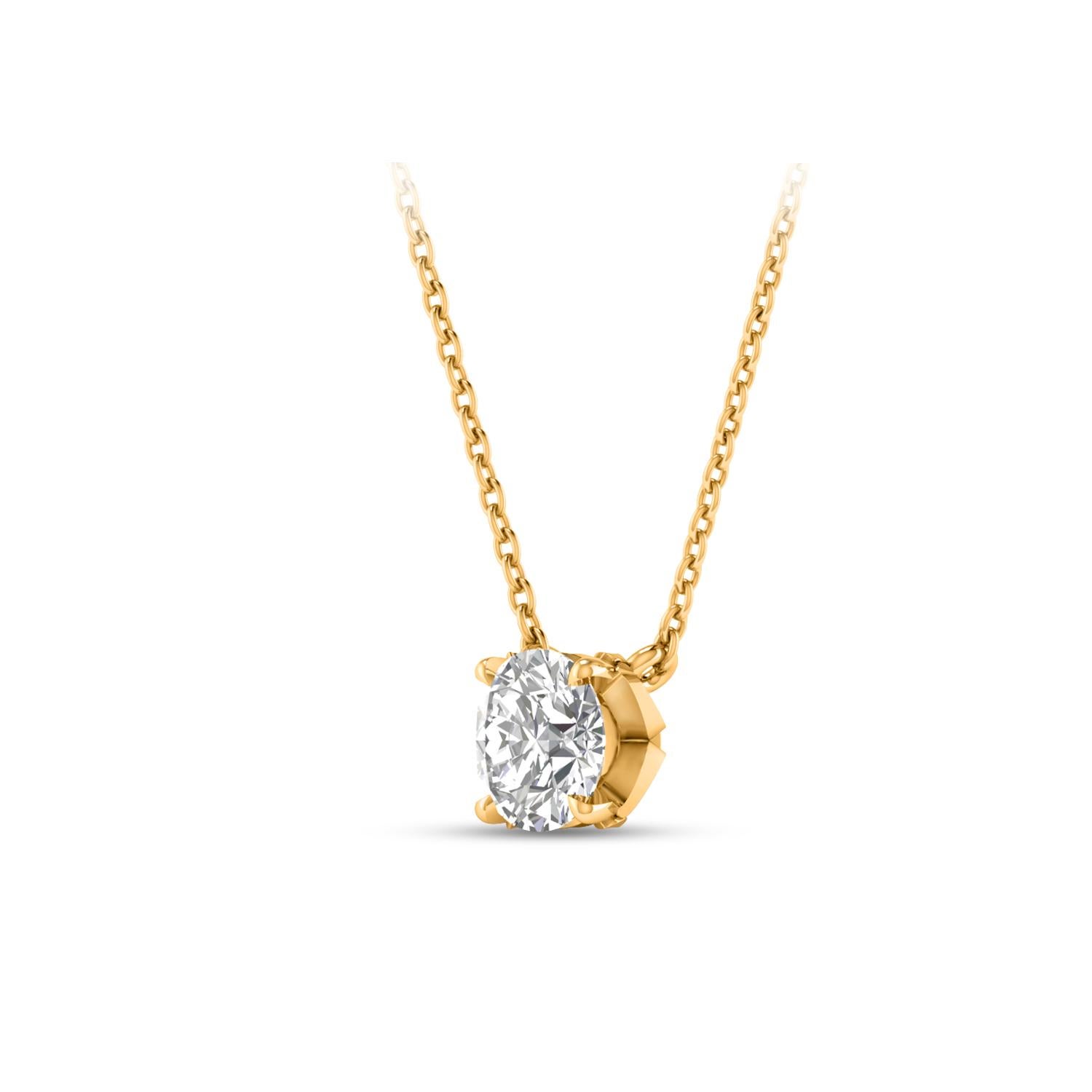 This solitaire diamond necklace features a single, brilliant-cut 0.33 carat diamond in prong setting crafted in 18 KT yellow gold. This elegant necklace includes 20-inch cable chain with extender at 18-inch.  

(Carat weights may vary slightly due