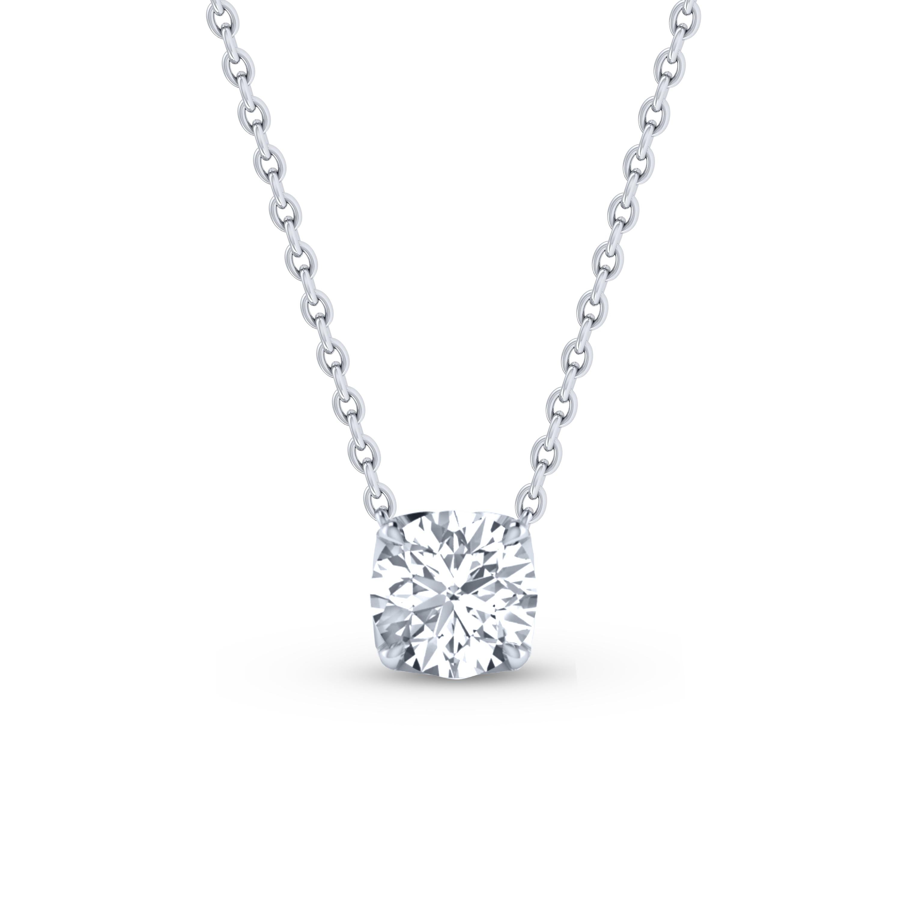  This solitaire diamond necklace features a single, brilliant-cut 0.34 carat diamond in prong setting crafted in 18 KT white gold. This elegant necklace includes a 20-inch cable chain with extender at 18-inch.

(Carat weights may vary slightly due