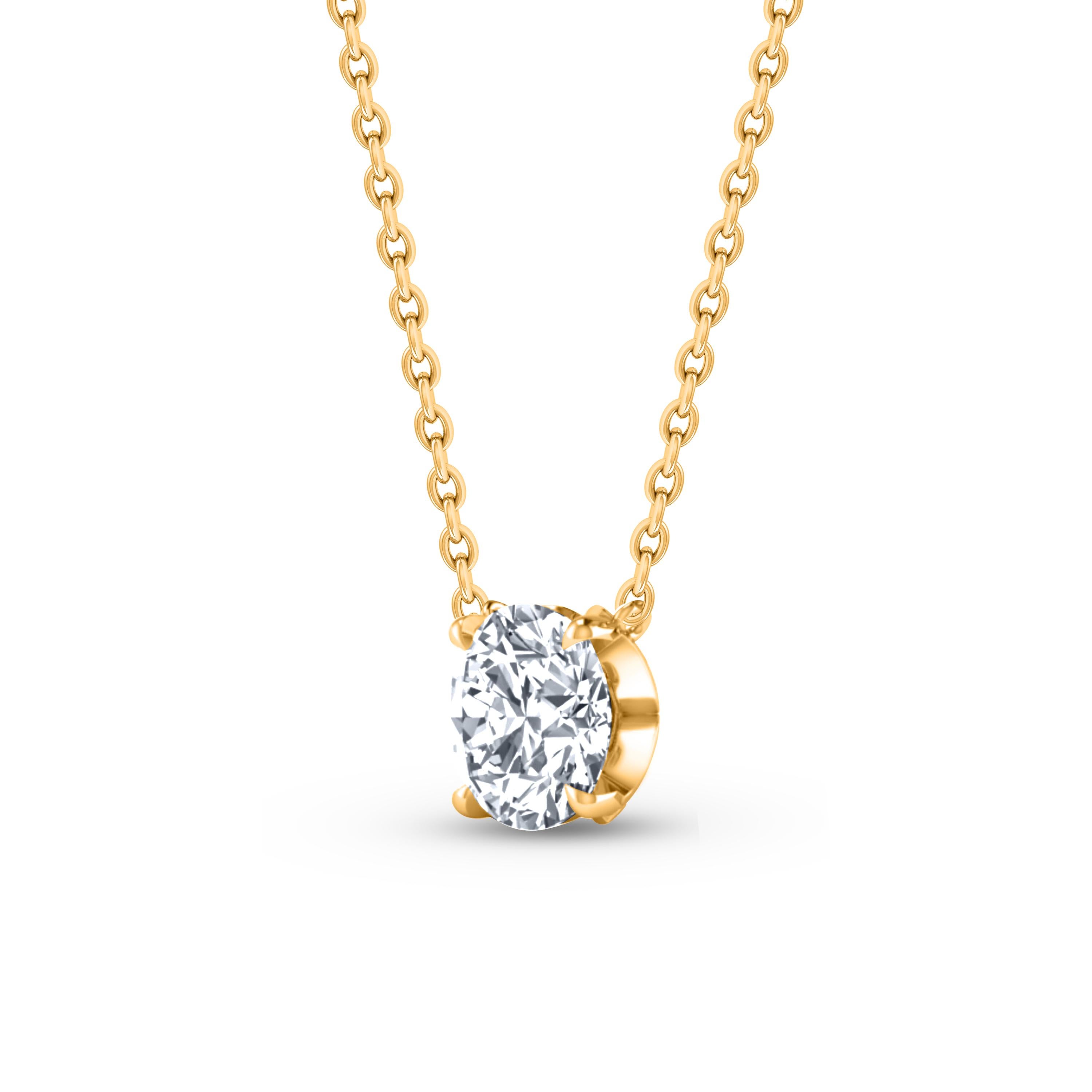  This solitaire diamond necklace features a single, brilliant-cut 0.45 carat diamond in prong setting crafted in 18 KT yellow gold. This elegant necklace includes 20-inch cable chain with extender at 16-inch and 18-inch. 

(Carat weights may vary