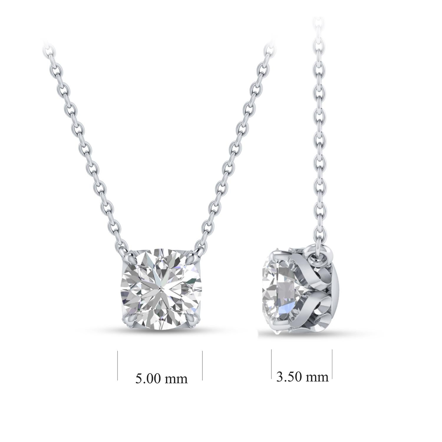  This solitaire diamond necklace features a single, brilliant-cut 0.45 carat diamond in prong setting crafted in 18 KT white gold. This elegant necklace includes 20-inch cable chain with extender at 18-inch. 

(Carat weights may vary slightly due to