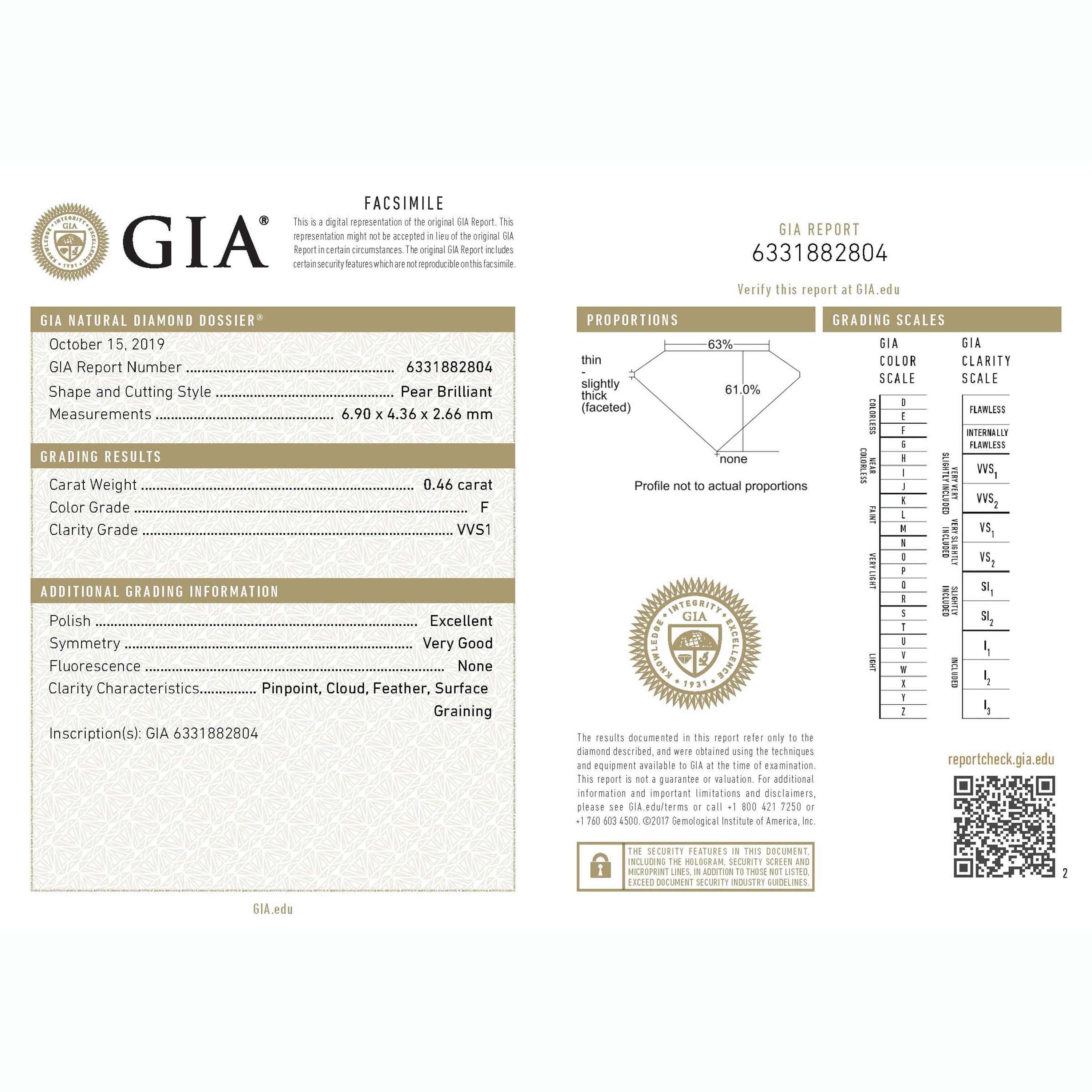 Moderne Harakh Certified GIA 0.46 CT F-Color VVS1 Clarity Pear Brilliant Loose Diamond en vente