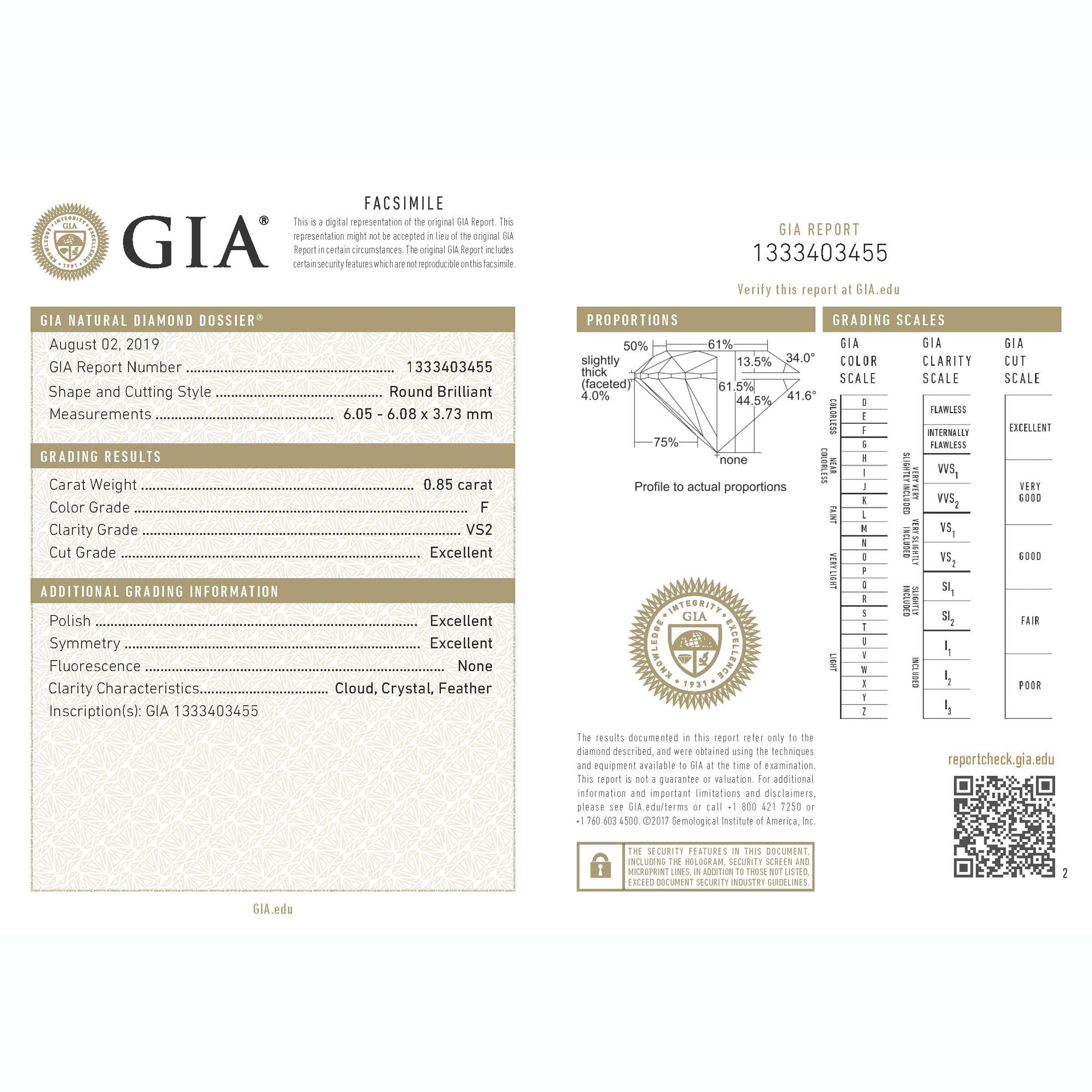 Modern Harakh GIA Certified 0.85 Carat F Color VS2-Clarity Brilliant Cut Loose Diamond For Sale