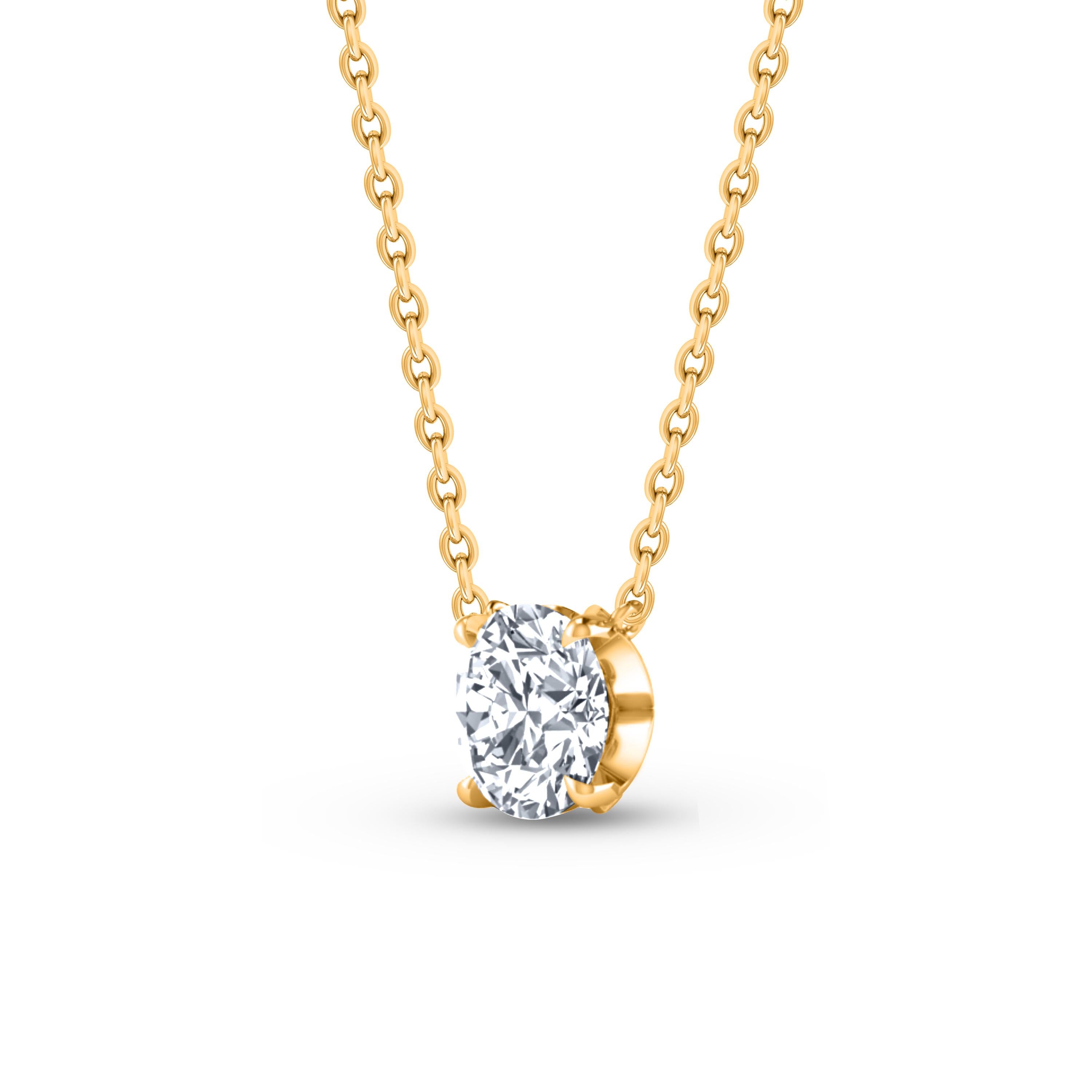  This solitaire diamond necklace features a single, brilliant-cut 0.27 carat diamond in prong setting in 18 KT yellow gold. This elegant necklace includes 20-inch cable chain with extender at 16-inch and 18-inch. Diamond Grade: F color, VS2