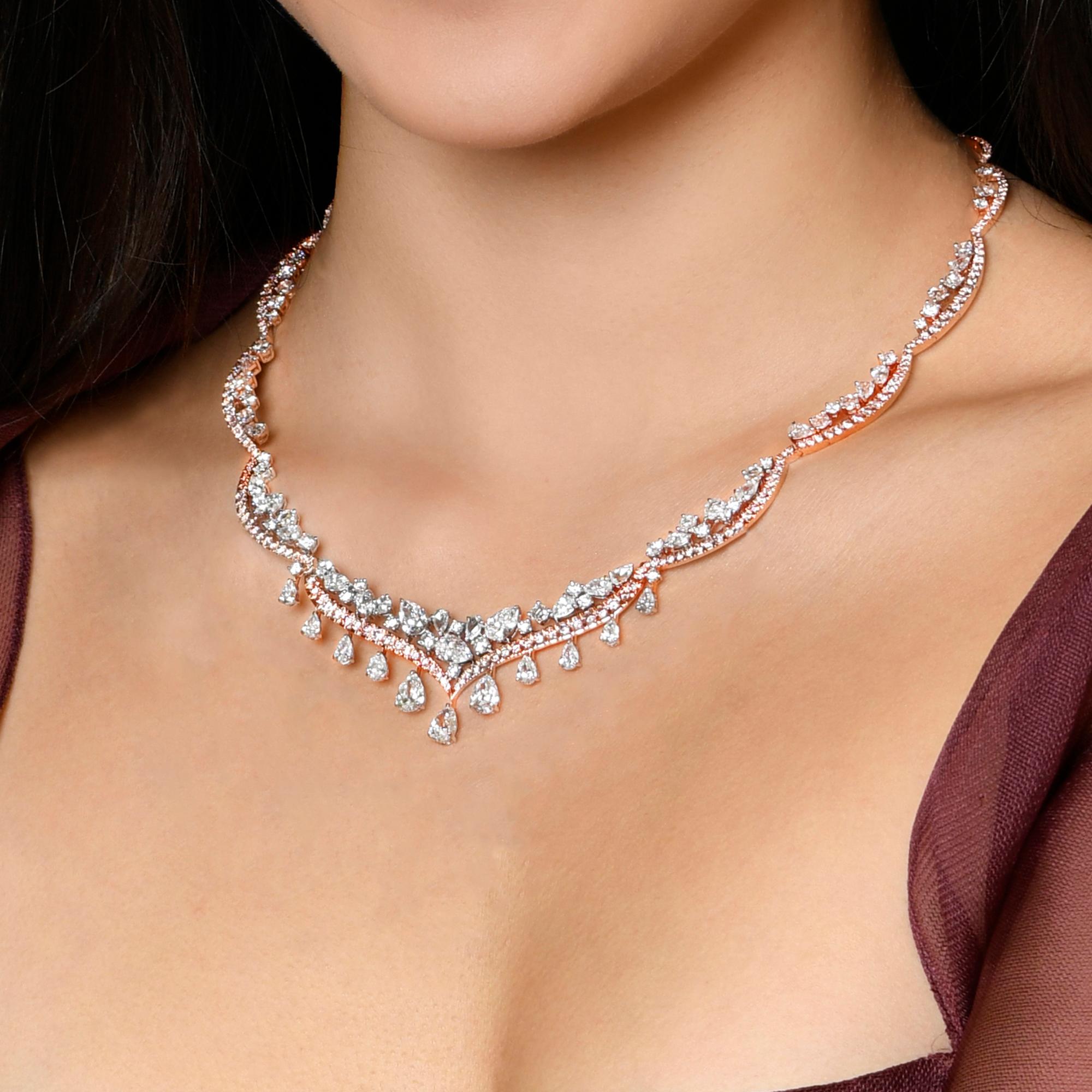 Inspired by the glamorous Indian Haveli (royal abode), this diamond necklace is studded with brilliant round, Argyle pink diamonds, pear shape full cut, rose cut round and rose cut pear diamonds, weighing a total of 16.82 carats. This necklace is
