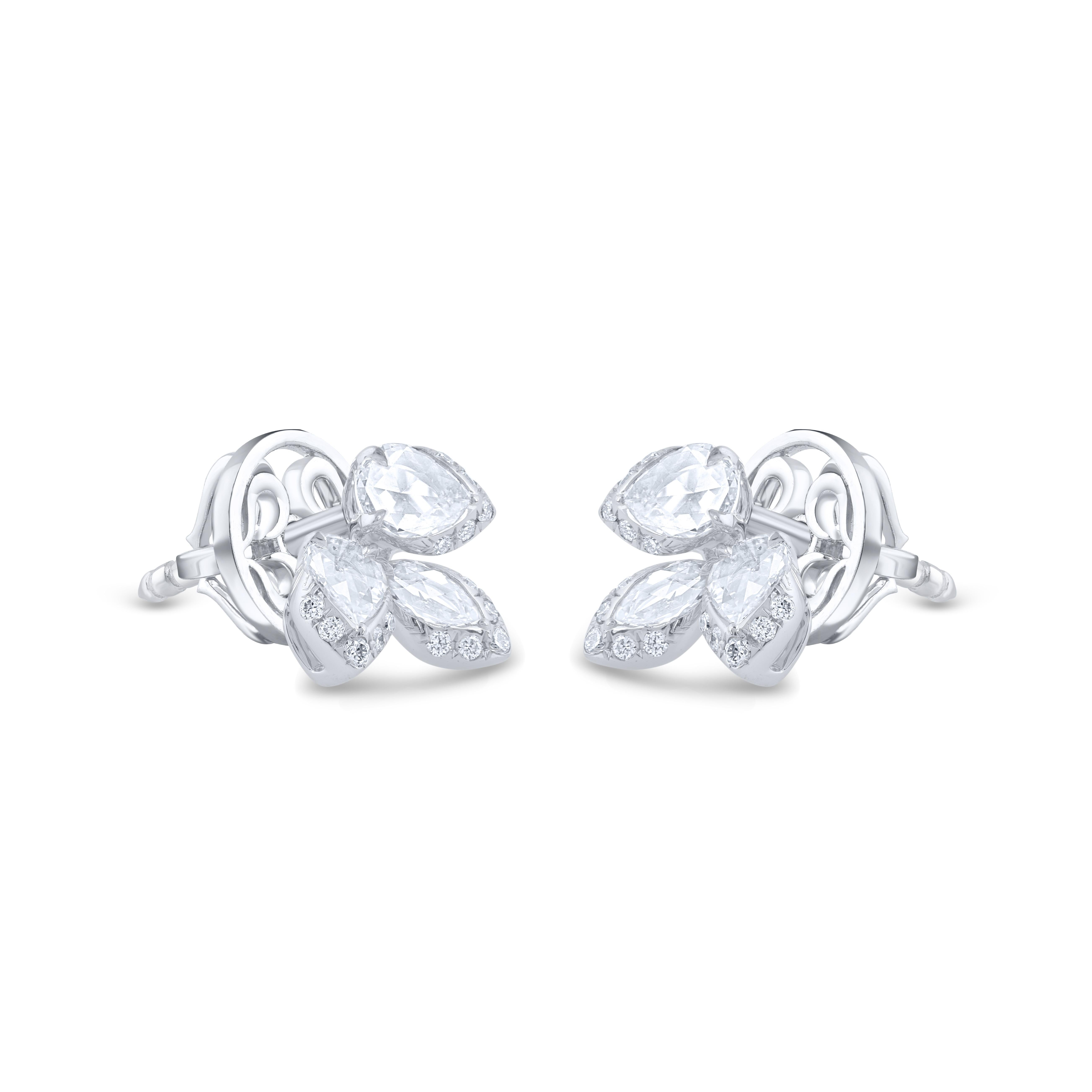 Beautiful stud earrings from our Cascade collection, featuring 36 D-F color, IF-VS clarity diamonds. It has 30 round diamonds, 4 rose cut pear diamonds, 2 rose cut marquise. The total diamond weight 0.50 CT. It has a post back closure. 

This piece
