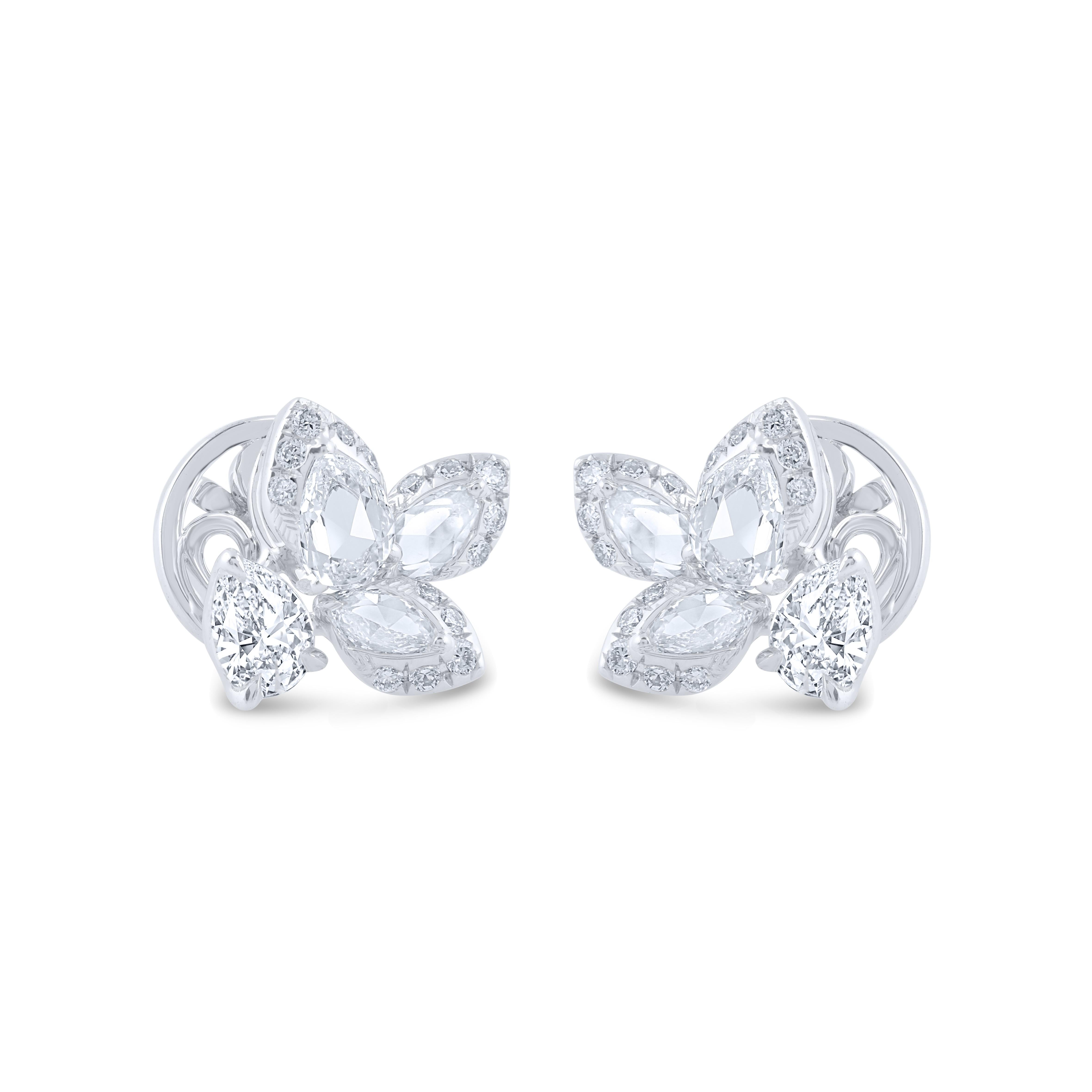 Beautiful stud earrings from our Cascade collection, featuring 38 D-F color, IF-VS clarity diamonds. 
It has 30 round diamonds, 2 pear, 2 rose cut pear and 2 rose cut marquise diamonds. The total diamond weight 0.50 CT and these earrings are