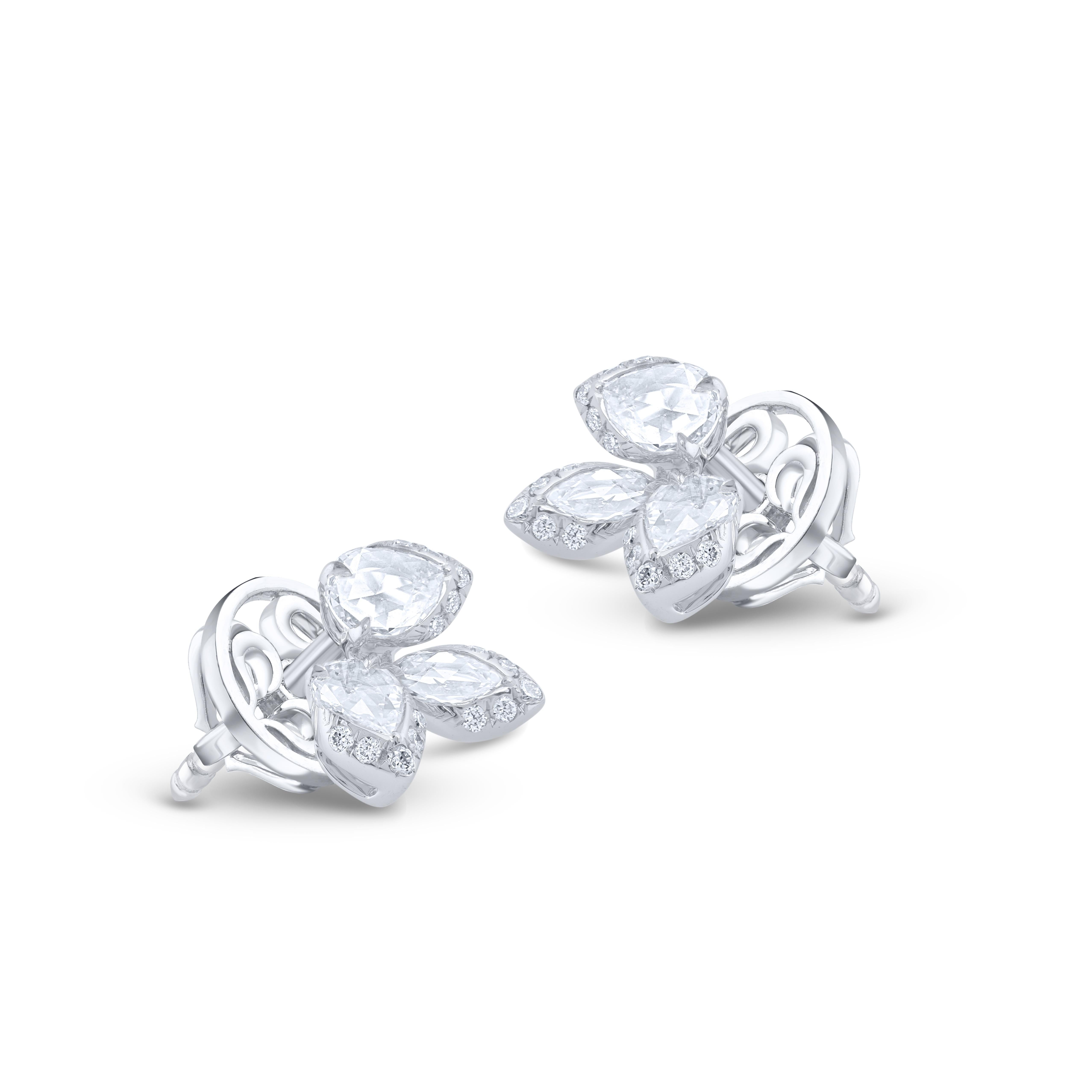 Round Cut Harakh Rose Cut and Brilliant Colorless Diamond Studs in 18 Karat White Gold For Sale