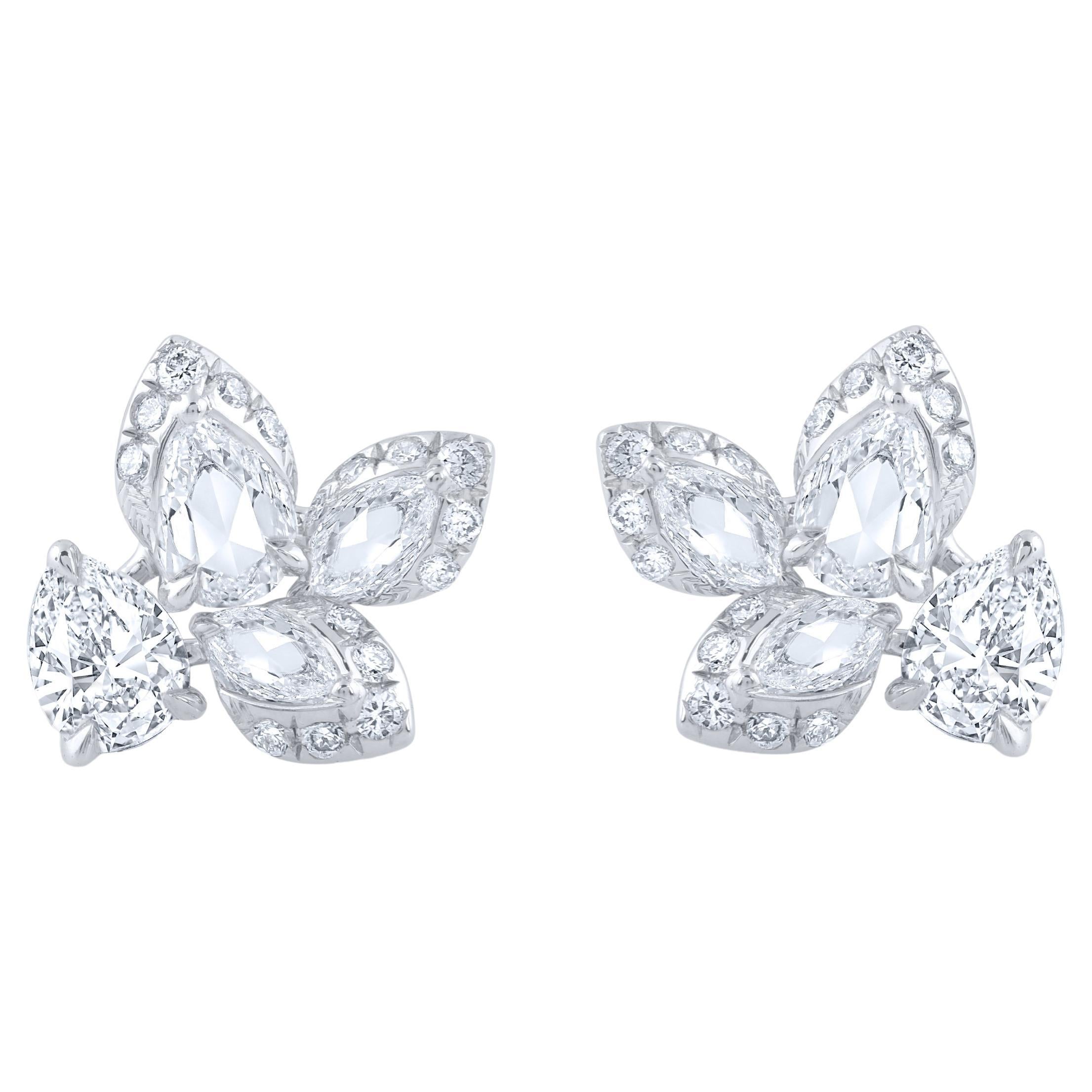 Harakh Rose Cut and Brilliant Colorless Diamond Studs in 18 Karat White Gold For Sale