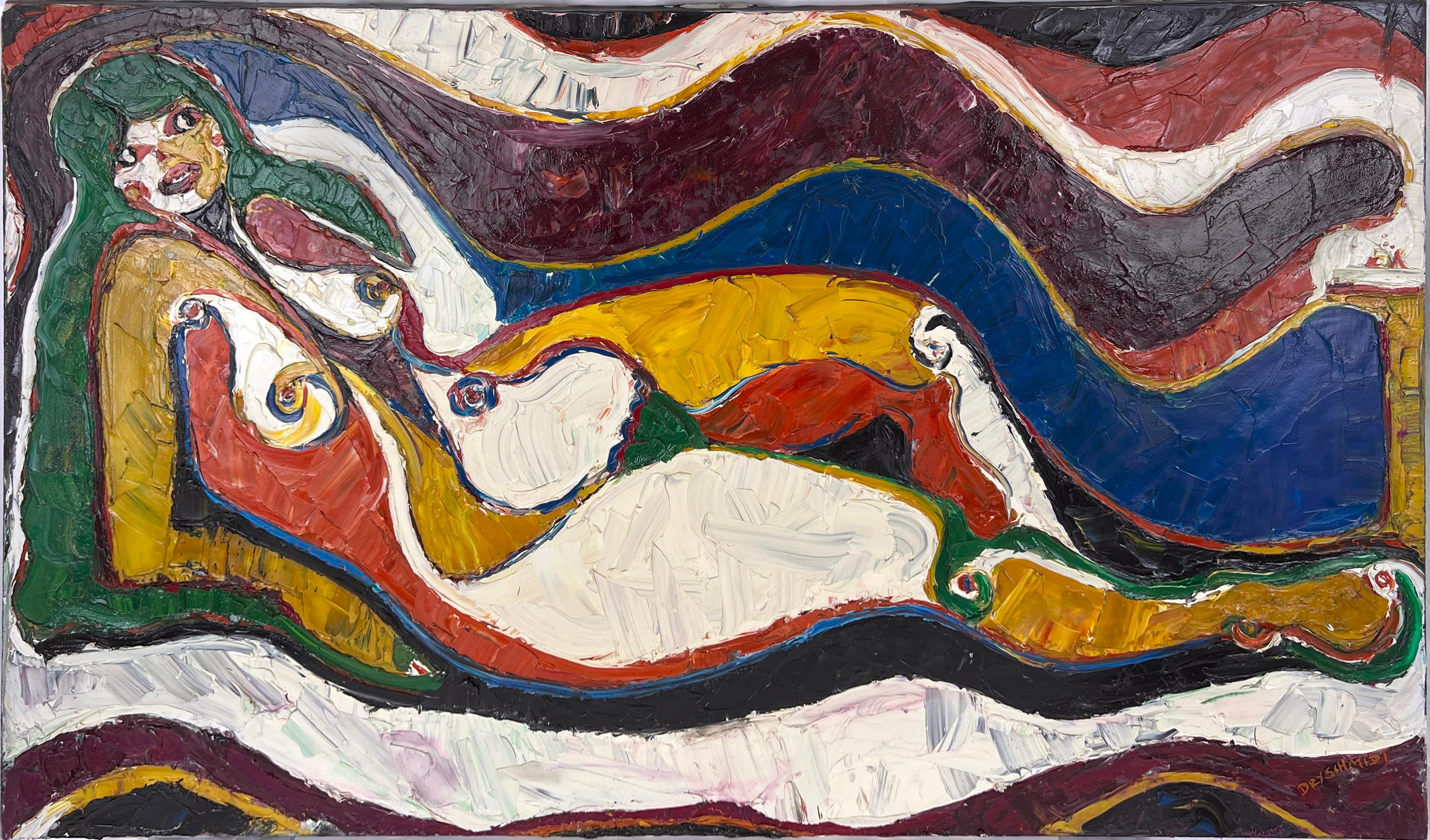 Abstract Painting Harald Dry Schmidt - Nu couché "Aurore"  Huile sur toile d'origine aux couleurs fauvistes fortement texturées