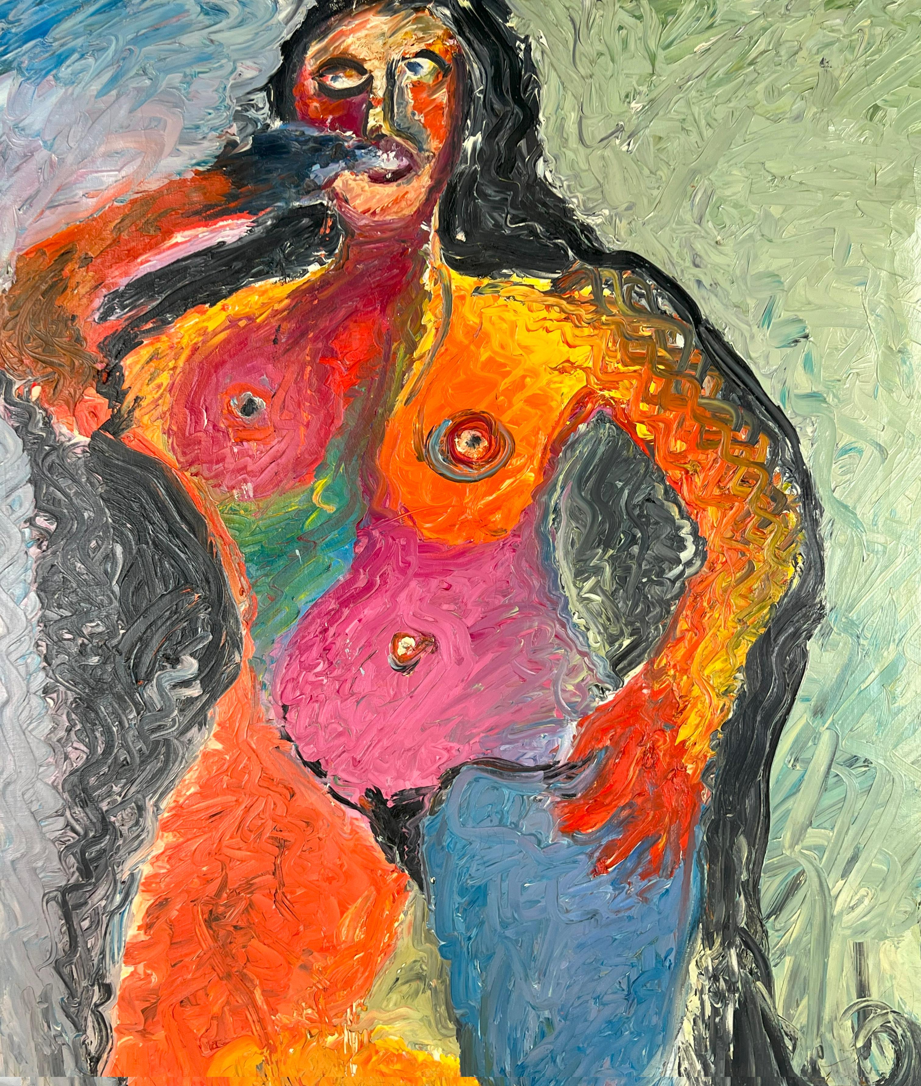 Vintage Expresionista Abstracto Desnudo Figurativo Pensativo de Pie - Impasto Pesado - Painting de Harald Dry Schmidt