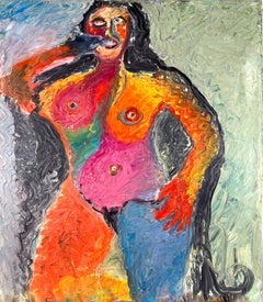 Vintage Expresionista Abstracto Desnudo Figurativo Pensativo de Pie - Impasto Pesado