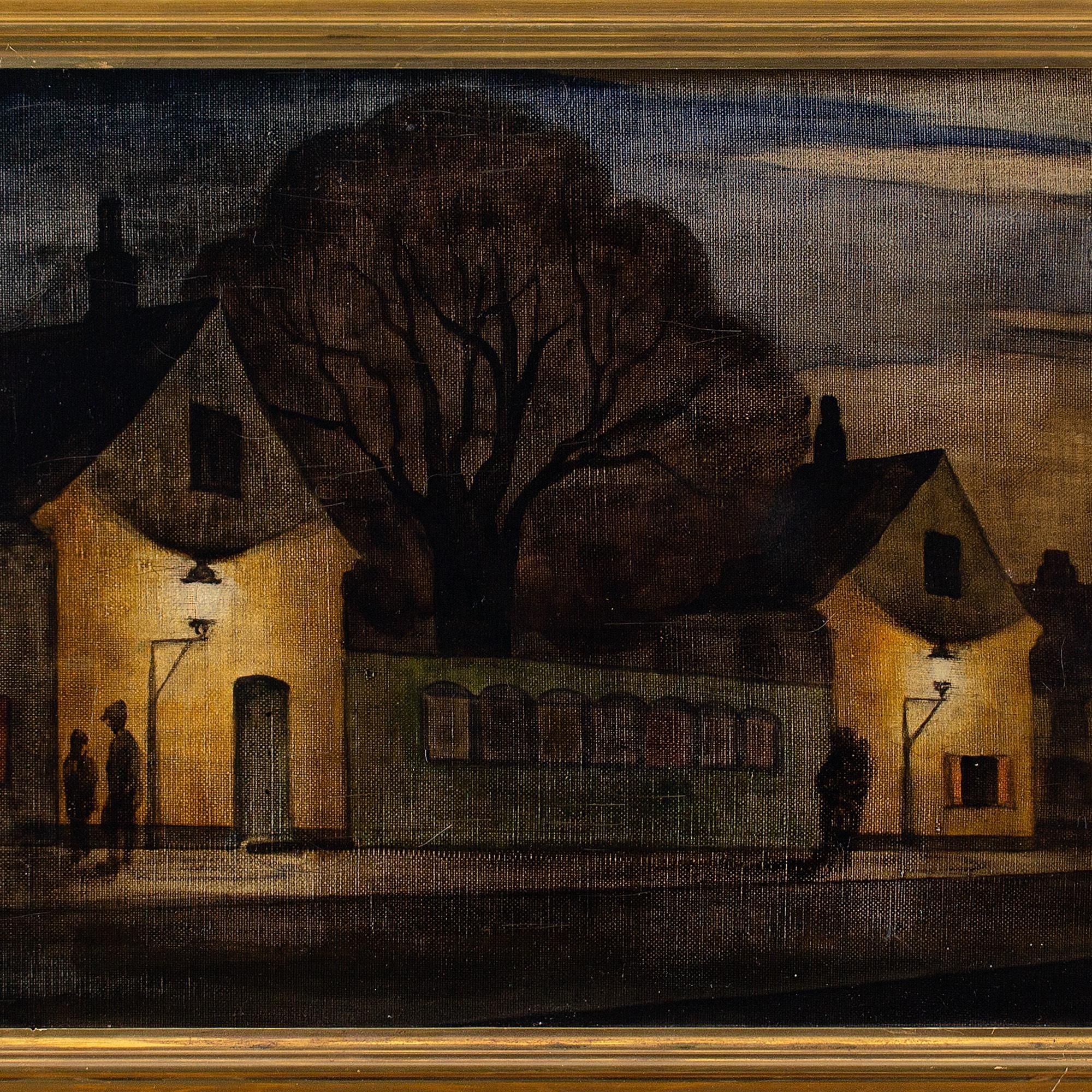 This early 20th-century oil painting by Danish artist Harald Rudyard Engman (1903-1968) depicts a row of houses at Nyboder, Copenhagen.

Amid the silhouettes and shadows of a street he repeatedly painted, stands the essence of a brilliant artist.