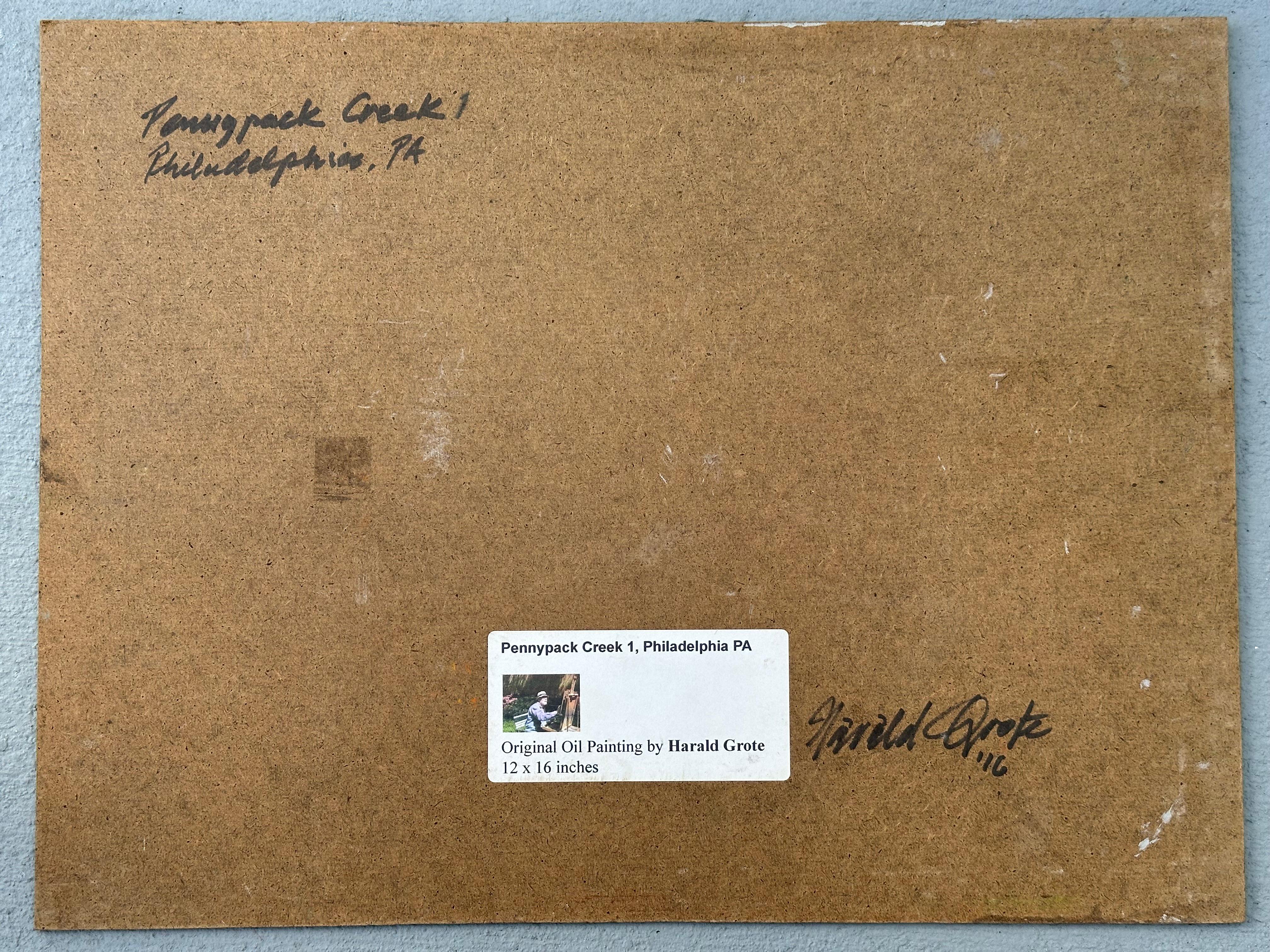 Harald Grote. 

Arroyo Pennypack I

Óleo sobre masonita, panel, 12 x 16 pulgadas.

Firmado y fechado abajo a la derecha. 