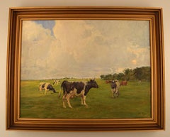 Harald Kjær, Danish Artist. Field Landscape with Grazing Cows