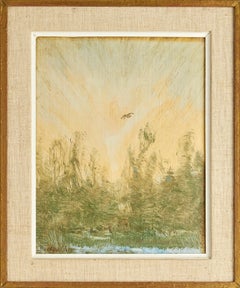 Alba in una radura nel bosco con uccello, olio impressionista su tavola, firmato
