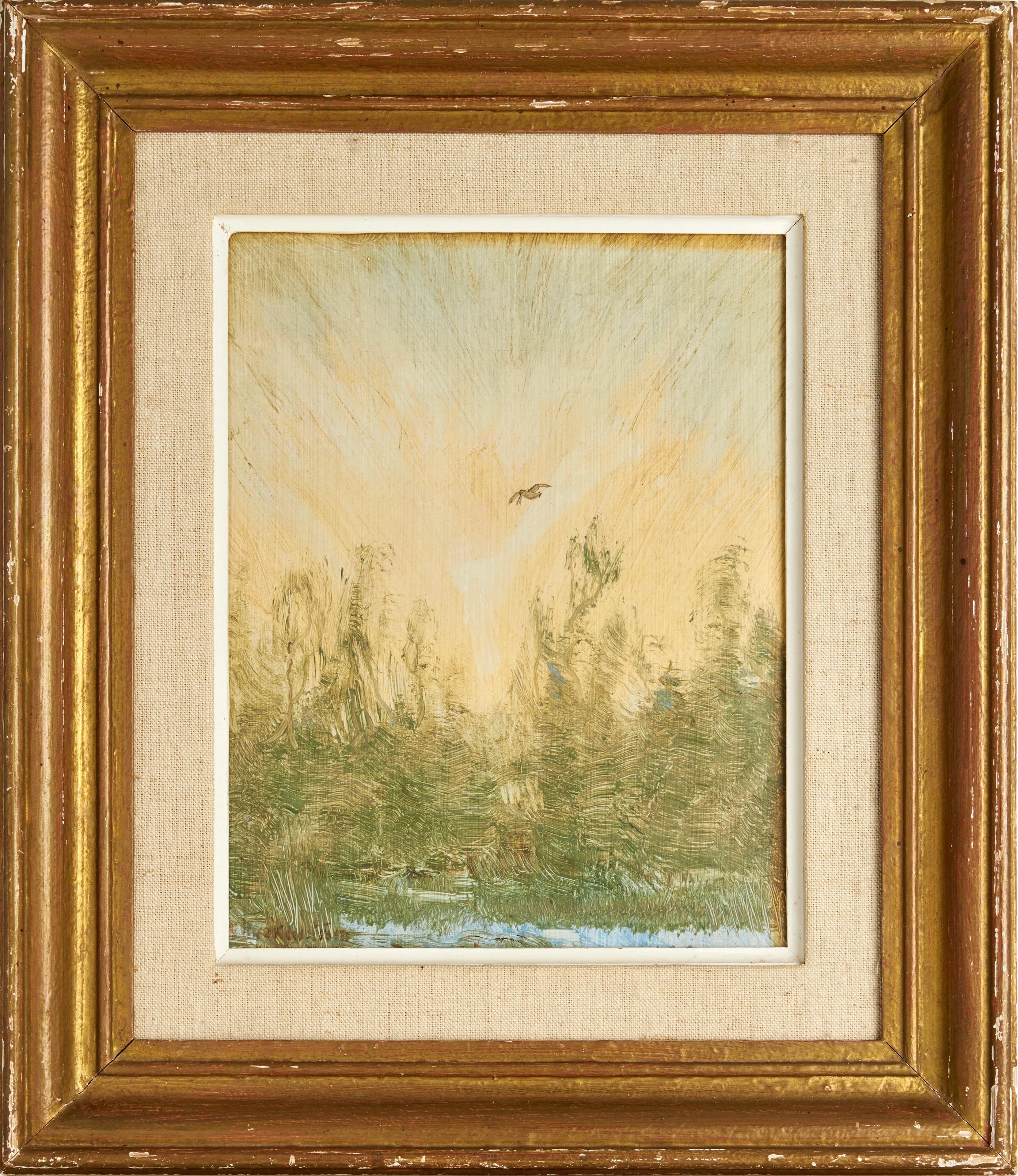 Harald Klinckowström Landscape Painting - Sunrise in the Forest Clearing and Bird, Signed Impressionistic Oil on Panel