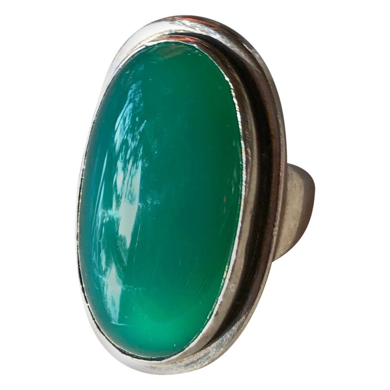 Bague Ancienne En Argent Sterling Avec Chrysoprase - Taille 54 - Occasion - Style Antique