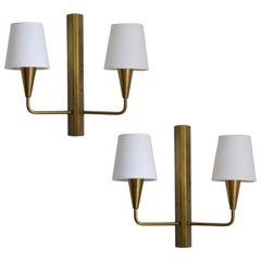 Harald Notini 'Attribution', Modernist Wall Lights, Brass, Fabric, Sweden, 1940s