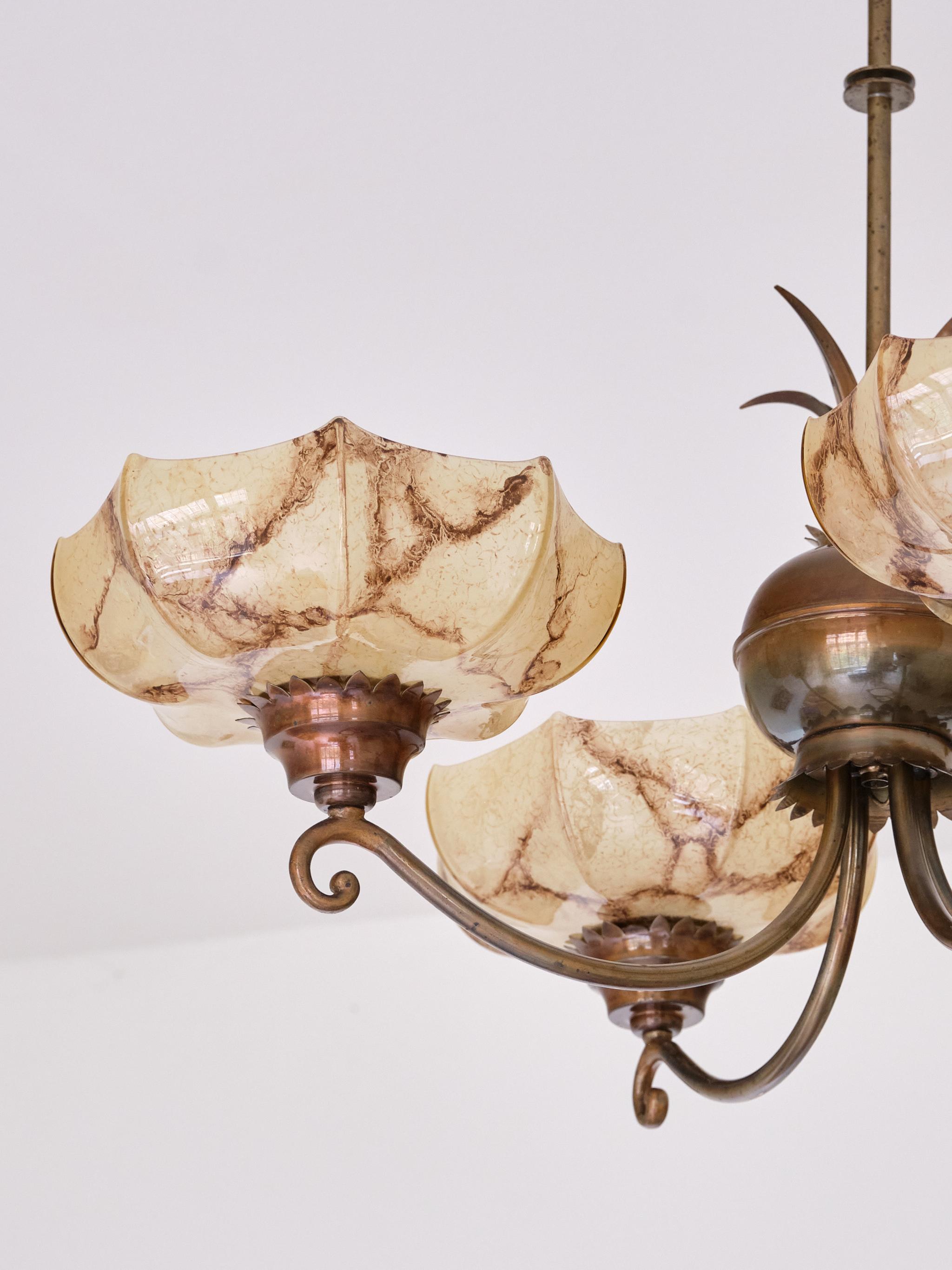 Harald Notini Chandelier in Brass and Marbled Glass, Böhlmarks, Sweden, 1927 For Sale 5