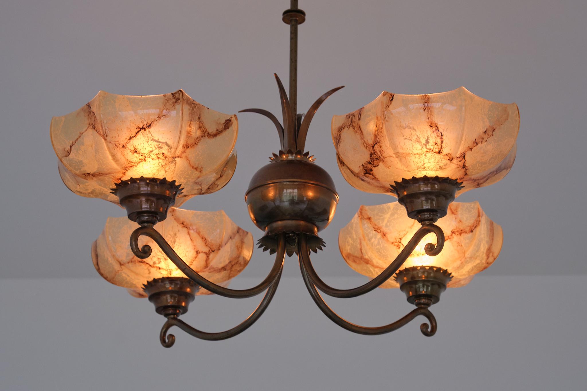 Harald Notini Chandelier in Brass and Marbled Glass, Böhlmarks, Sweden, 1927 For Sale 7