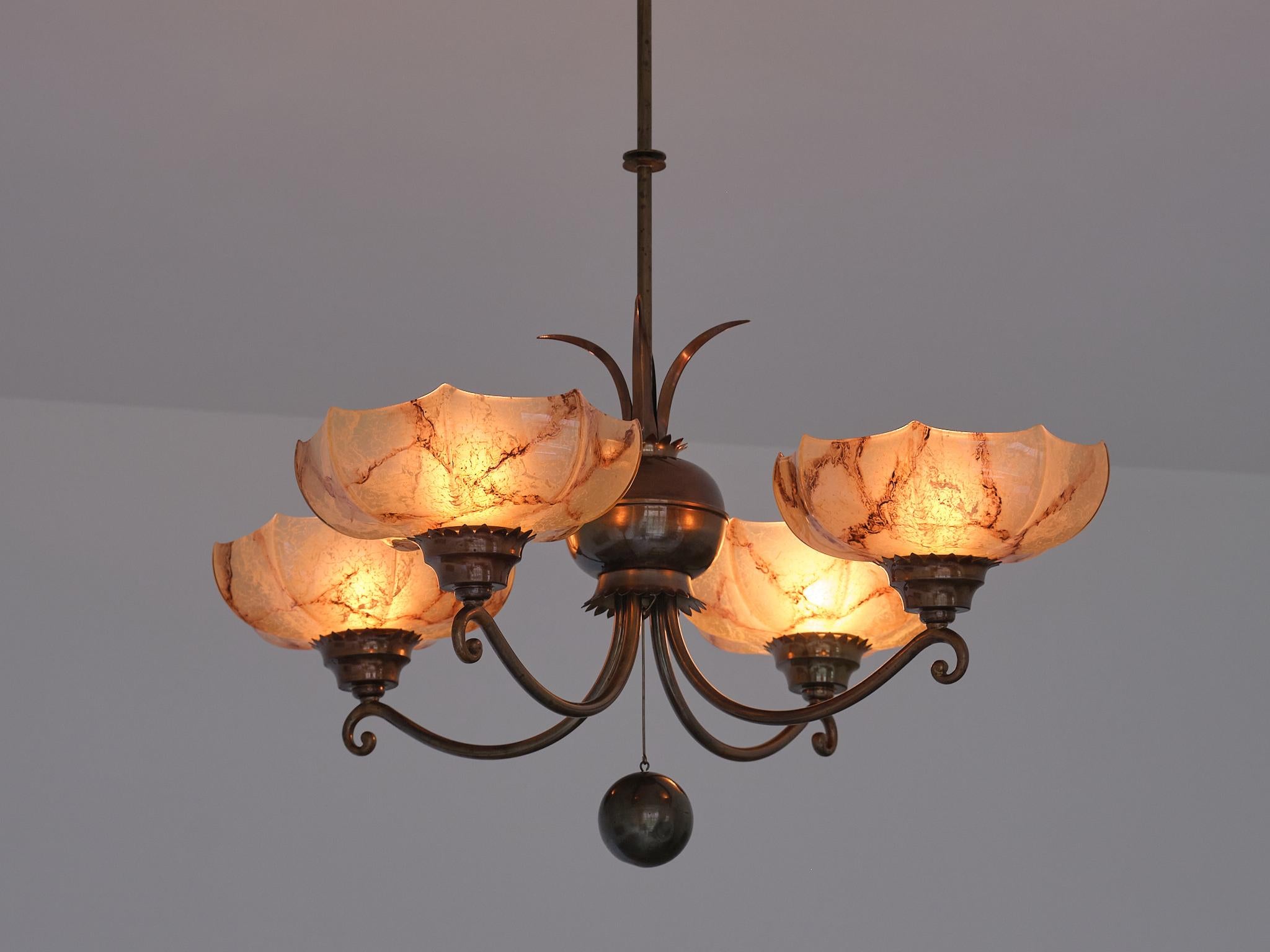 Harald Notini Chandelier in Brass and Marbled Glass, Böhlmarks, Sweden, 1927 For Sale 8