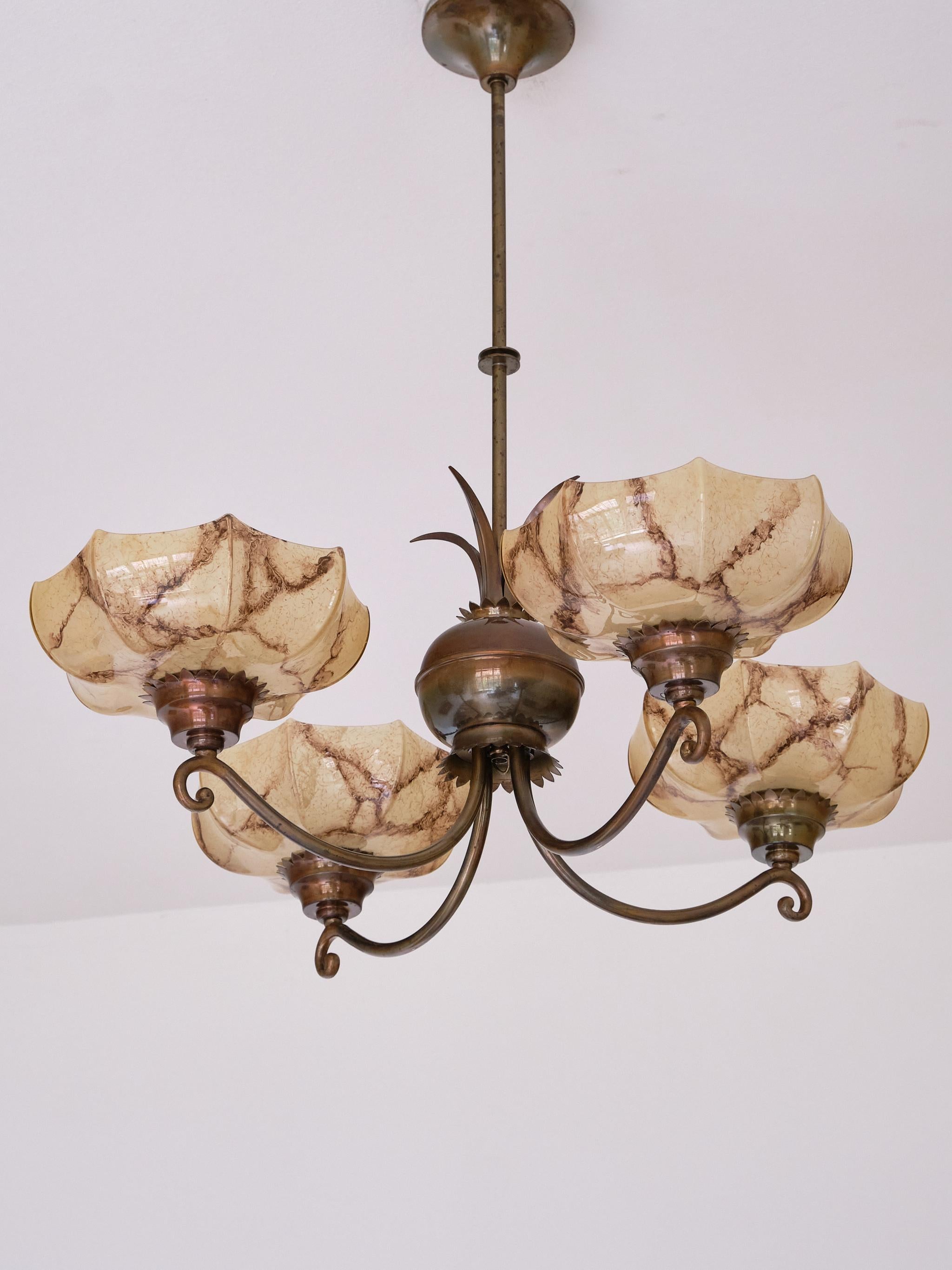 Harald Notini Chandelier in Brass and Marbled Glass, Böhlmarks, Sweden, 1927 For Sale 9