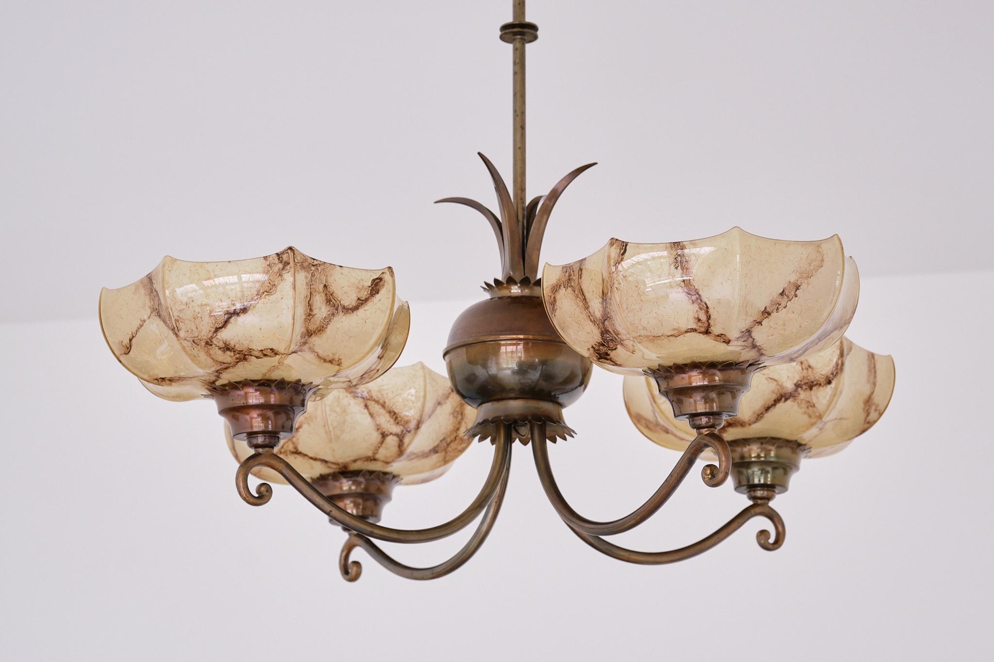 Harald Notini Chandelier in Brass and Marbled Glass, Böhlmarks, Sweden, 1927 For Sale 10