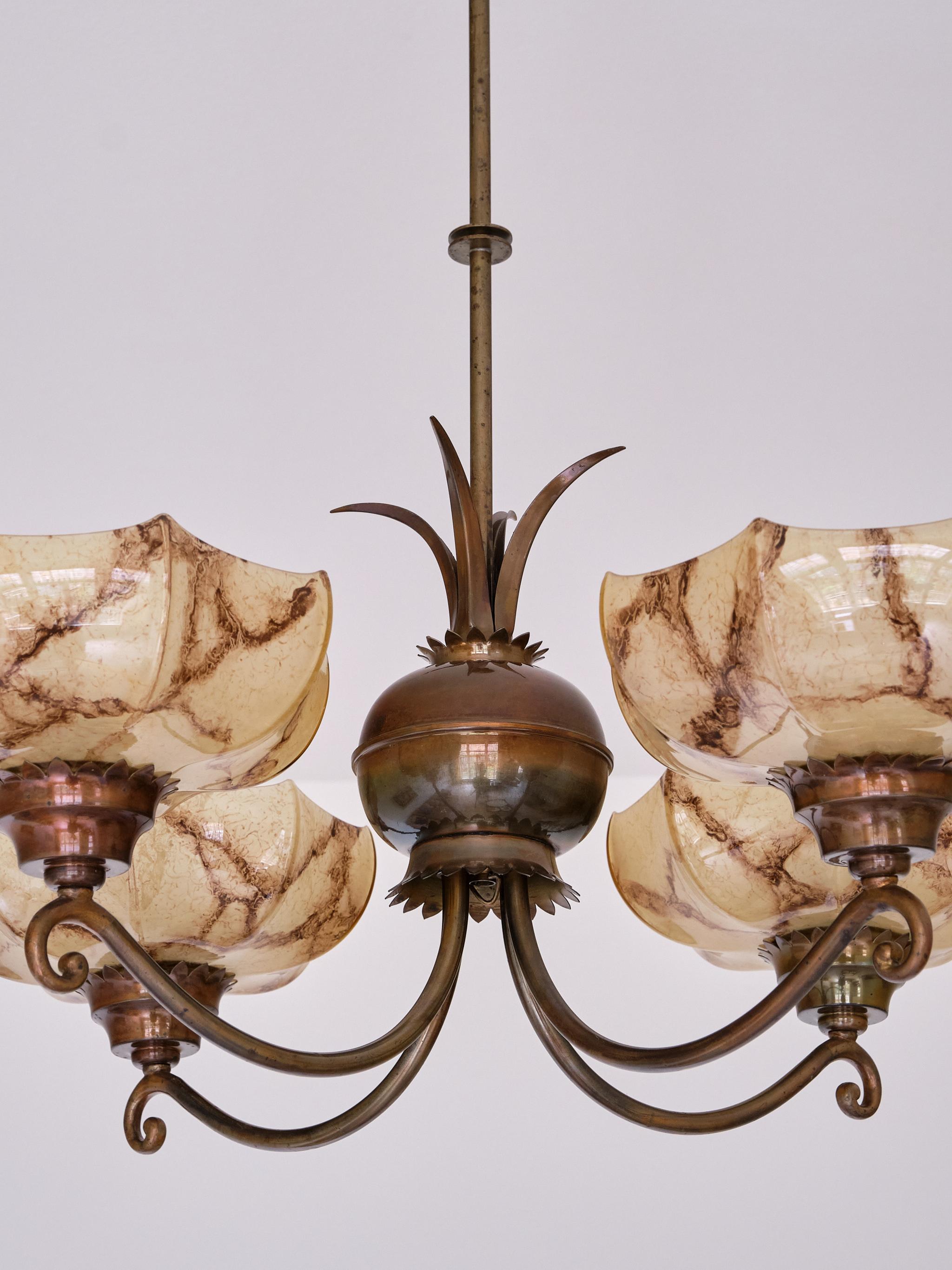 Harald Notini Chandelier in Brass and Marbled Glass, Böhlmarks, Sweden, 1927 For Sale 11