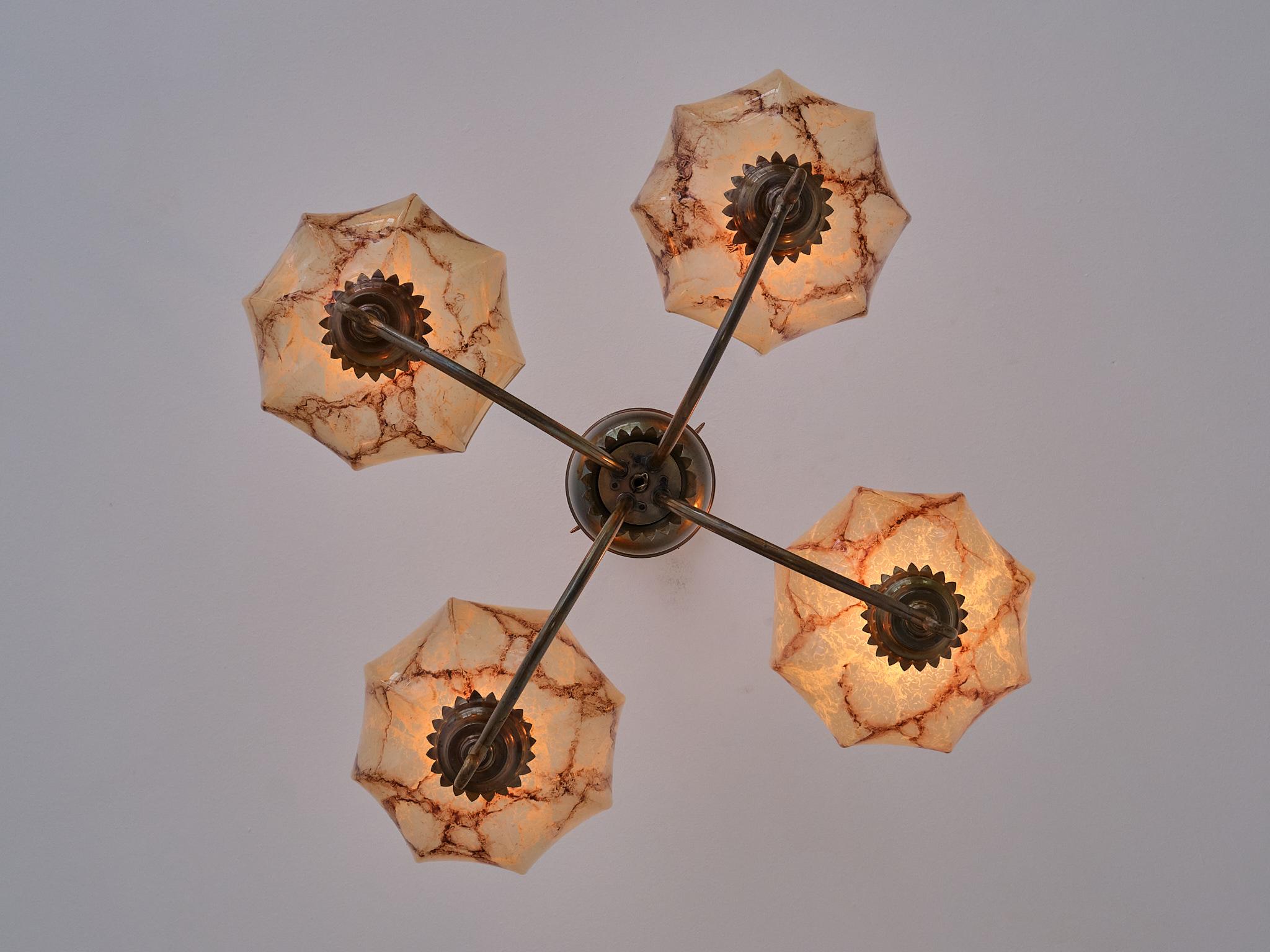 Harald Notini Chandelier in Brass and Marbled Glass, Böhlmarks, Sweden, 1927 For Sale 12