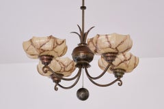 Harald Notini Chandelier in Brass and Marbled Glass, Böhlmarks, Sweden, 1927