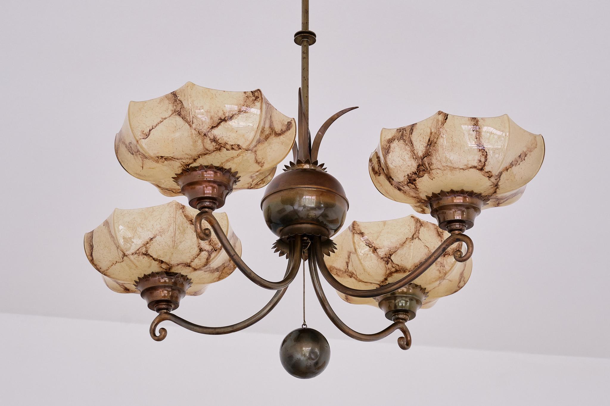 Swedish Harald Notini Chandelier in Brass and Marbled Glass, Böhlmarks, Sweden, 1927 For Sale
